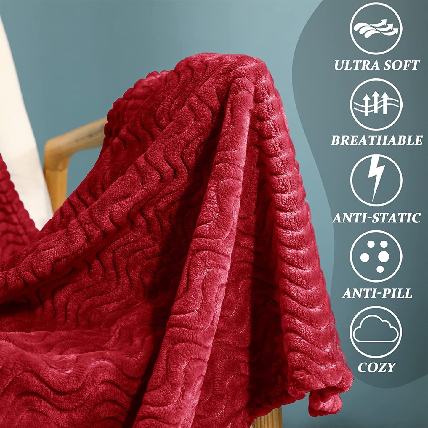 Exclusivo Mezcla Large Flannel Fleece Throw Blanket, Jacquard Weave Wave Pattern (50" x 70", Red) - Soft, Warm, Lightweight and Decorative