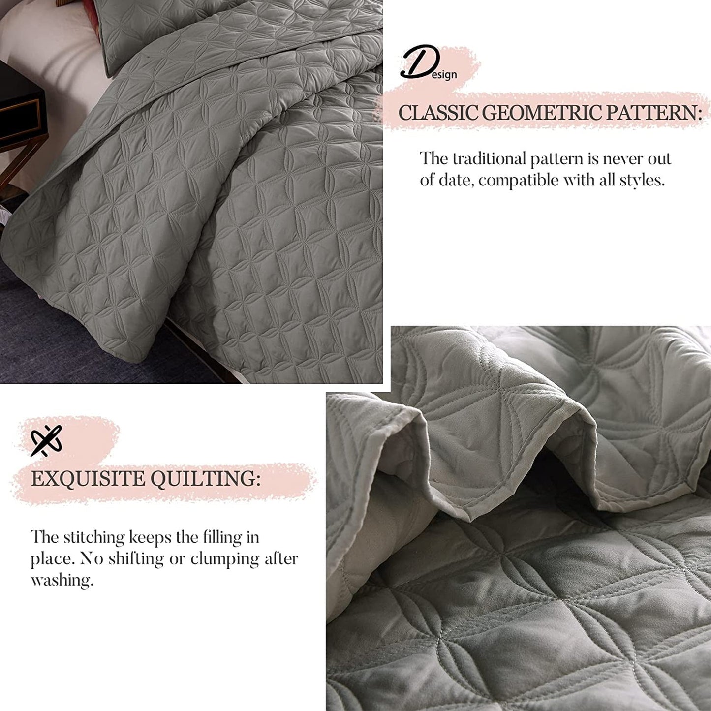 Exclusivo Mezcla Bed Quilt Set King Size for All Seasons, Stitched Pattern Quilted Bedspread/ Bedding Set/ Coverlet with 2 Pillow shams, Lightweight and Soft, Light Grey