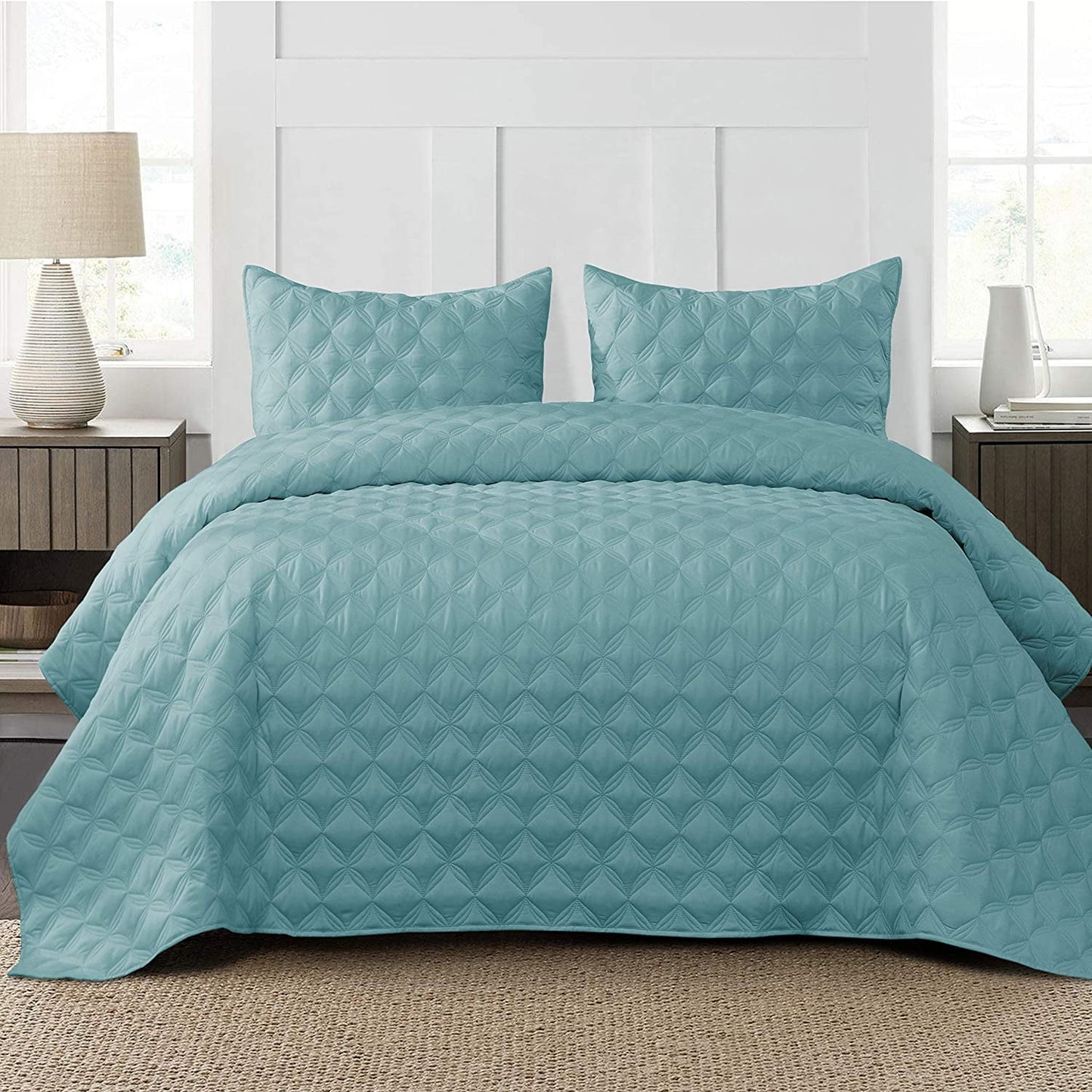 Exclusivo Mezcla Bed Quilt Set Twin Size for All Seasons, Stitched Pattern Quilted Bedspread/ Bedding Set/ Coverlet with 1 Pillow sham, Lightweight and Soft, Turquoise