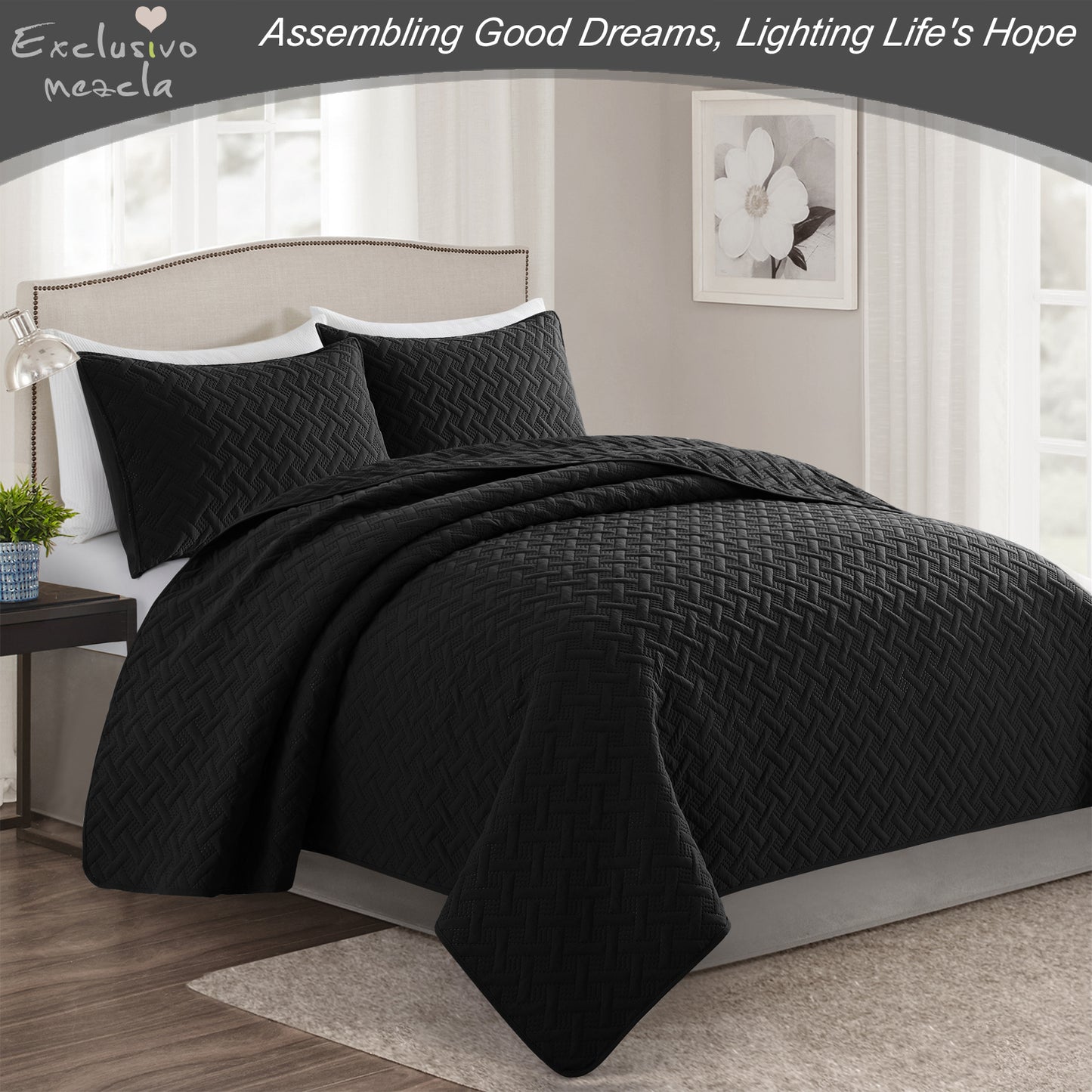 Exclusivo Mezcla 3-Piece Black Queen Size Quilt Set, Weave Pattern Ultrasonic Lightweight and Soft Quilts/Bedspreads/Coverlets/Bedding Set (1 Quilt, 2 Pillow Shams) for All Seasons