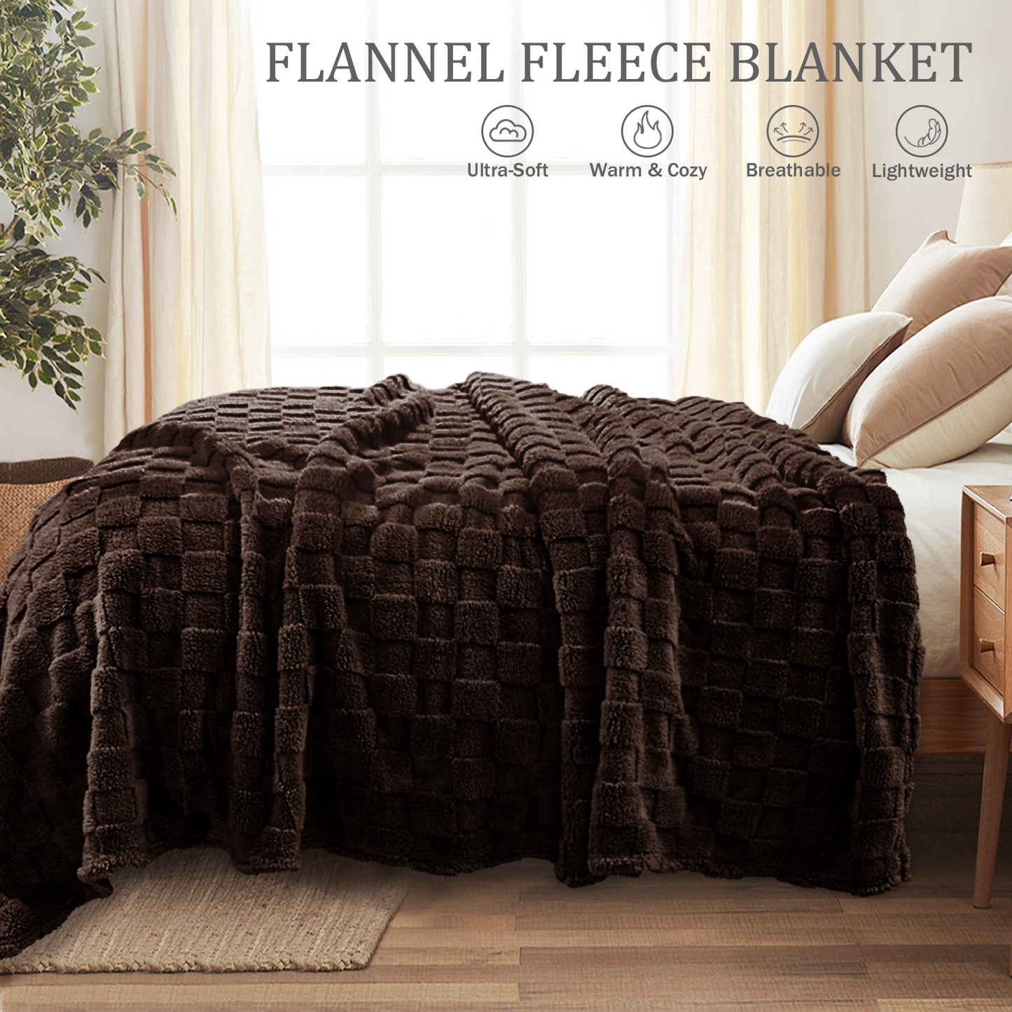 Exclusivo Mezcla Queen Size Flannel Fleece Blanket, Super Soft 3D Checkered Jacquard Bed Blanket, Cozy Fluffy Lightweight Blanket for All Seasons, 90x90 Inches, Coffee Blanket