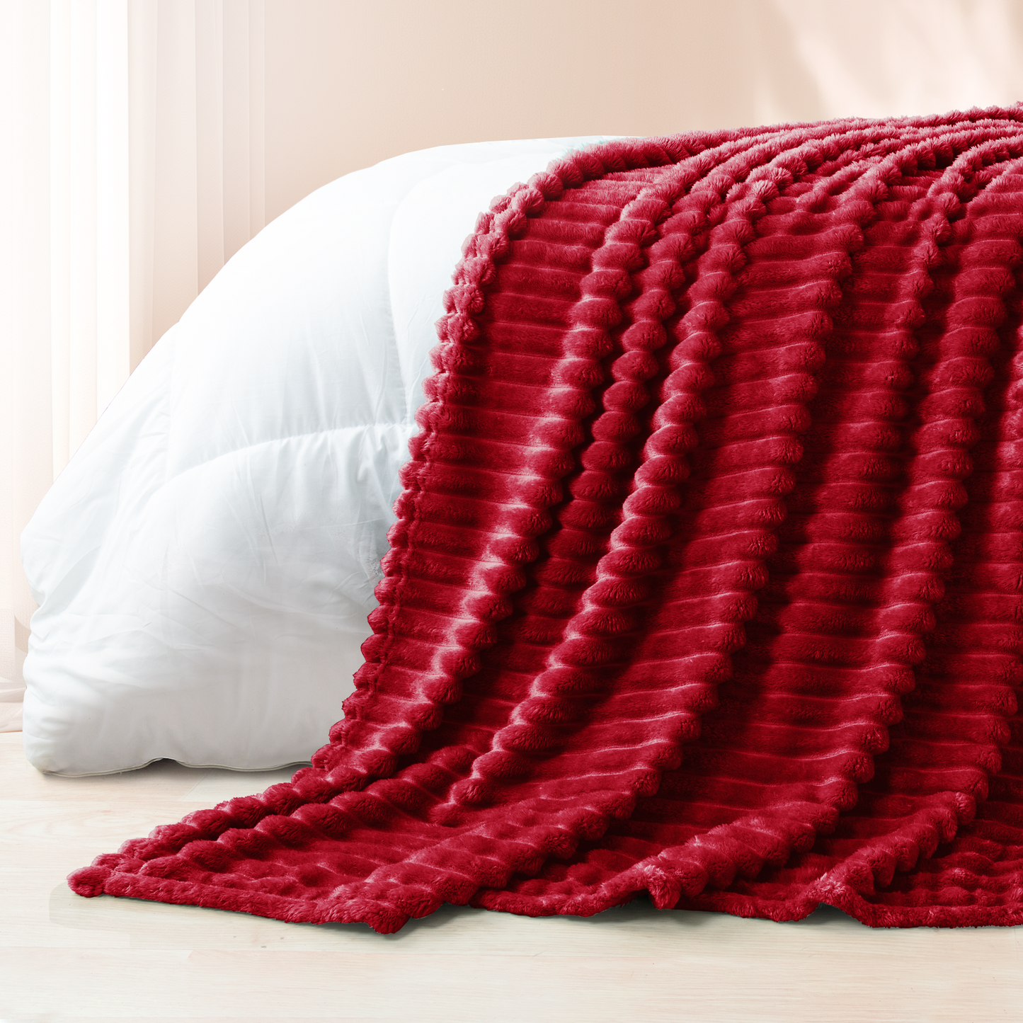 Exclusivo Mezcla Fleece Throw Blanket for Couch, Super Soft 3D Striped Jacquard Bed Blanket, Lightweight Fuzzy Cozy Blankets for All Seasons, 50x60 Inches, Deep Red Blanket