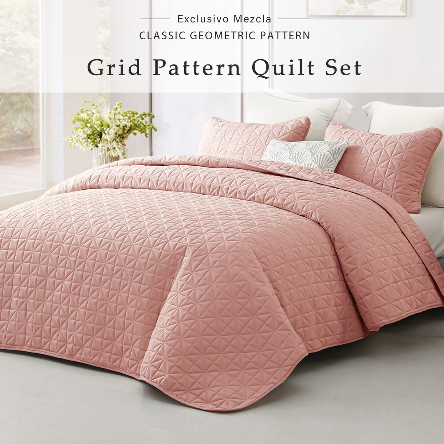 Exclusivo Mezcla King Size Quilt Bedding Set for All Seasons, Lightweight Soft Pink Quilts King Size Bedspreads Coverlets Bed Cover with Geometric Stitched Pattern, (1 Quilt, 2 Pillow Shams)