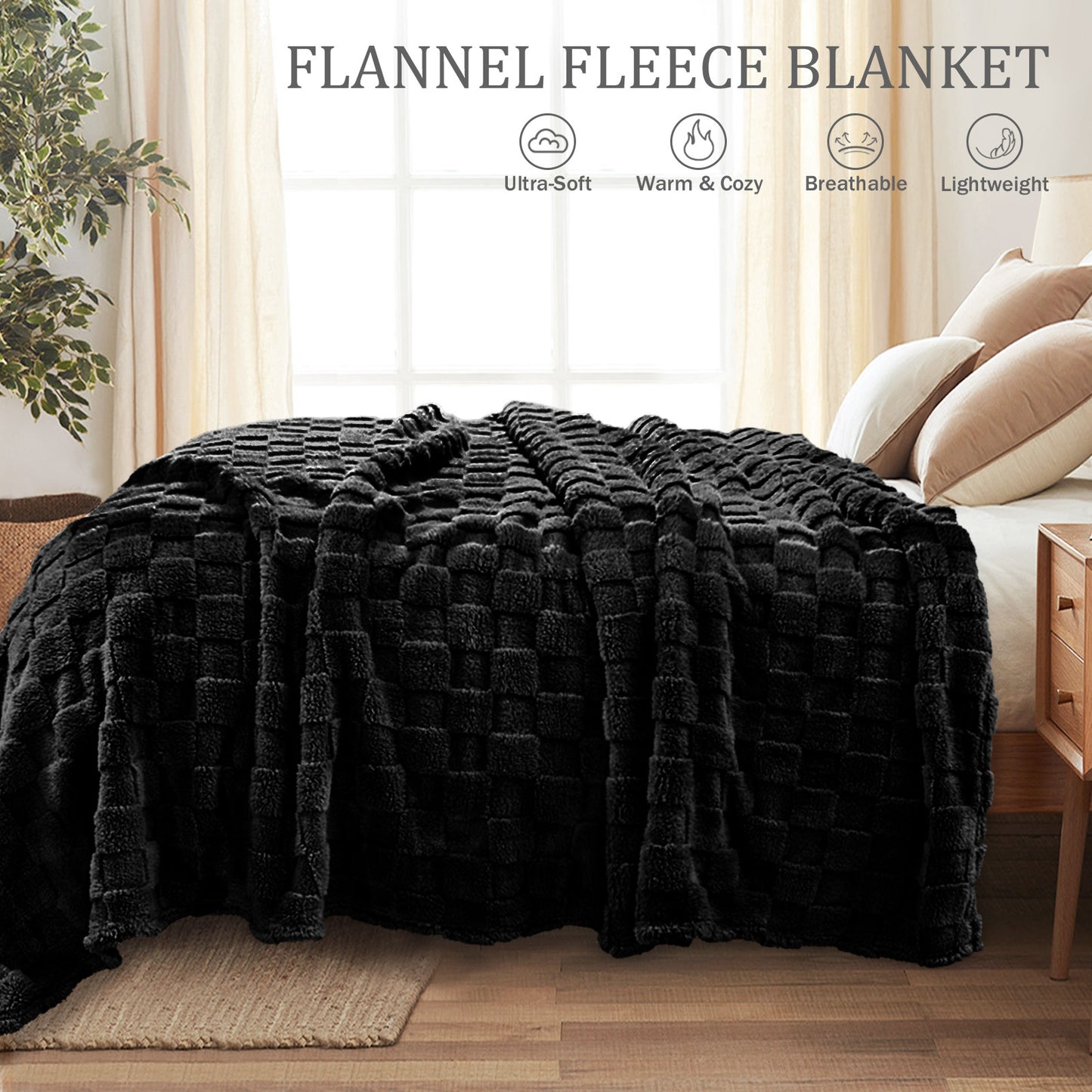 Exclusivo Mezcla King Size Flannel Fleece Blanket, Super Soft 3D Checkered Jacquard Bed Blanket, Cozy Fluffy Lightweight Blanket for All Seasons, 90x104 Inches, Black Blanket