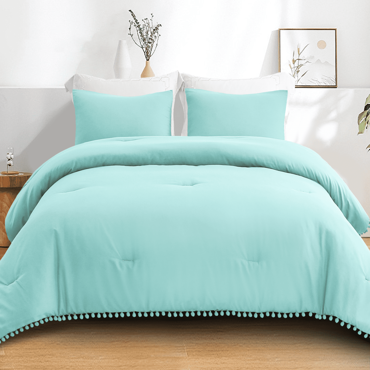 Exclusivo Mezcla Boho Pom Pom Ball Fringe Queen Comforter Set, 3 Piece Aqua Blue Lightweight Down Alternative Bedding Comforter Sets for All Seasons (1 Comforter and 2 Pillowcases)