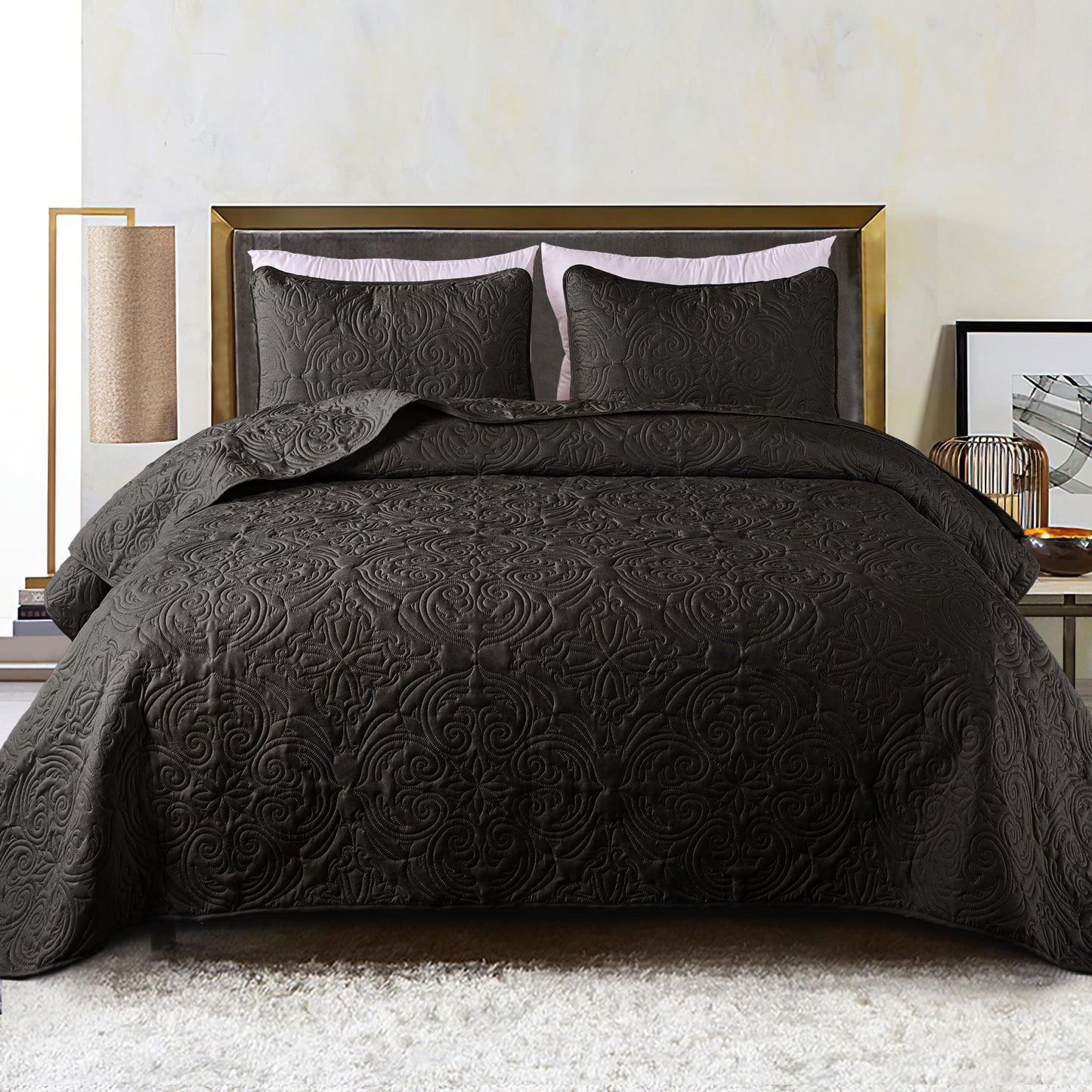 Exclusivo Mezcla King Quilt Bedding Set, Lightweight Vintage King Size Quilts with Pillow Shams, Soft Bedspreads Coverlets for All Seasons, (104"x96", Black)