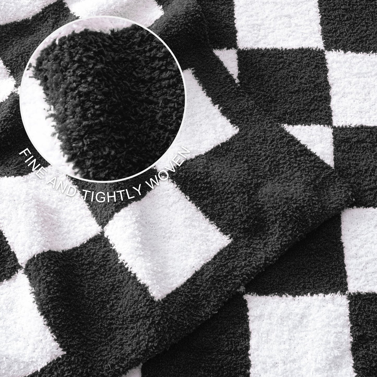 Exclusivo Mezcla Checkered Knit Blanket for Bed Twin Size, Ultra Soft Cozy Fluffy Blanket, Lightweight Fuzzy Throw for Couch and Bed, Black, 60"x80"