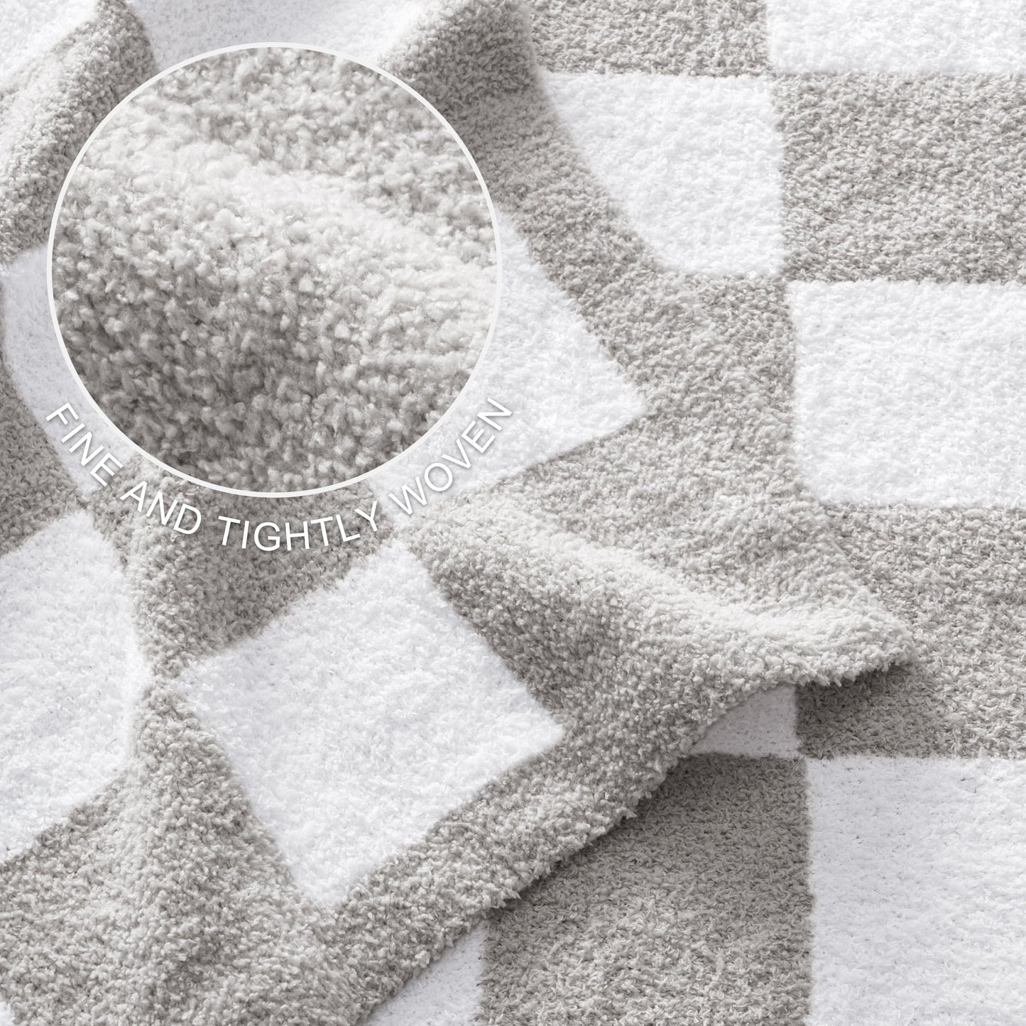 Exclusivo Mezcla Checkered Knit Blanket for Bed Queen Size, Ultra Soft Cozy Fluffy Blanket, Lightweight Fuzzy Throw for Couch and Bed, Light Grey, 90"x90"