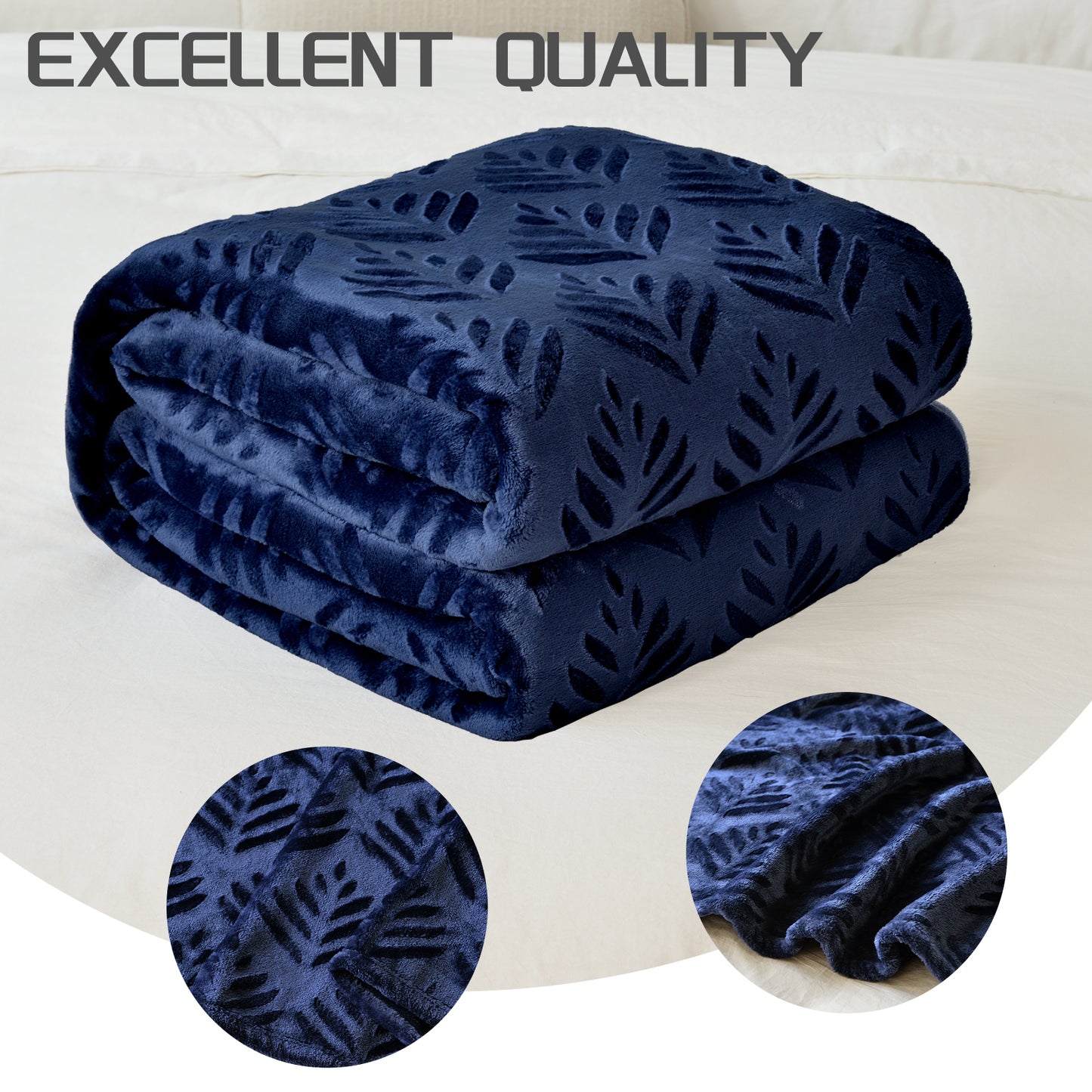 Exclusivo Mezcla Twin size Blanket for Bed, Super Soft and Warm Navy Blue Blankets for All Seasons, Flannel Fleece Leaves Pattern Bed Blanket, Plush Fuzzy and Thick, 60x80 Inch