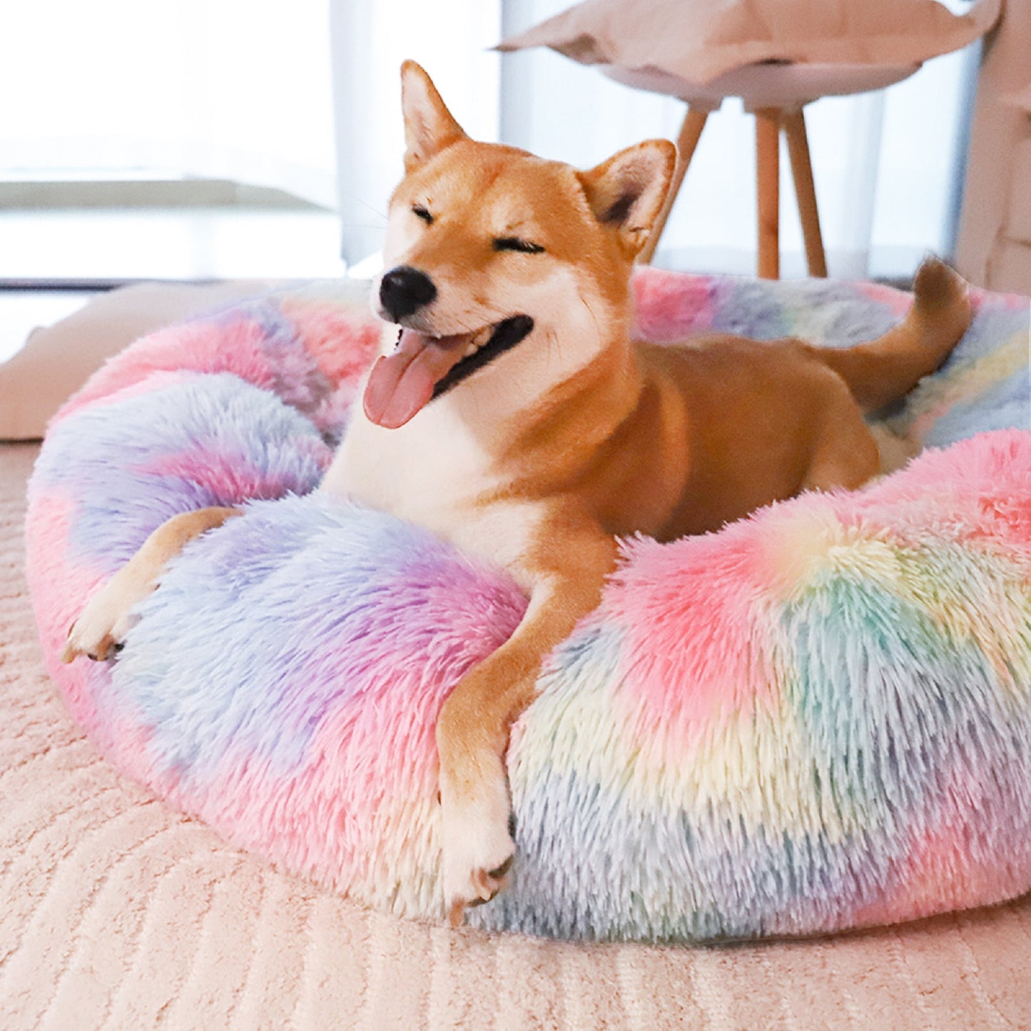 Exclusivo Mezcla Calming Donut Pet Bed for Medium Dogs 32", Anti-Anxiety Plush Cozy Warming Dog Bed, Pink Rainbow