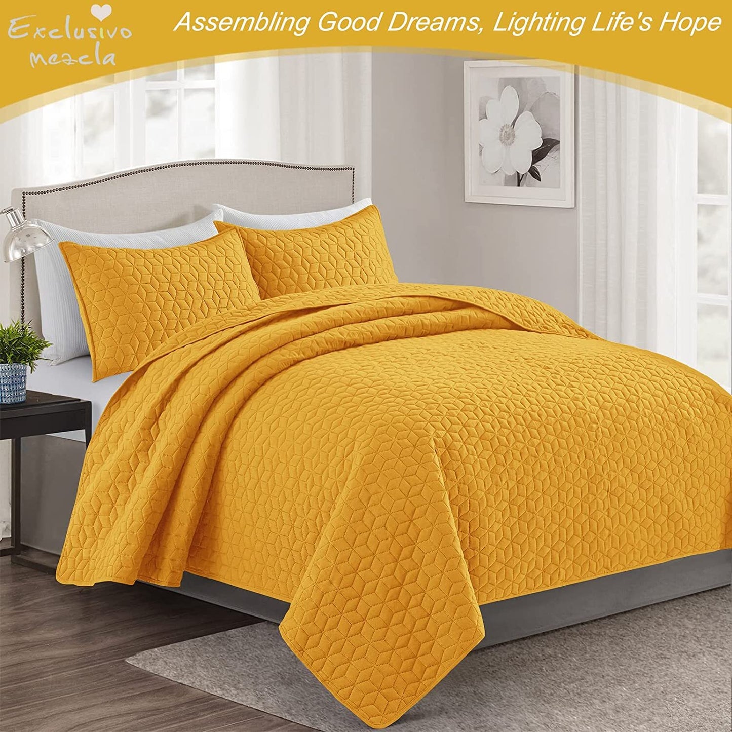 Exclusivo Mezcla 3-Piece Yellow King Size Quilt Set, Diamond Pattern Ultrasonic Lightweight and Soft Quilts/Bedspreads/Coverlets/Bedding Set (1 Quilt, 2 Pillow Shams) for All Seasons