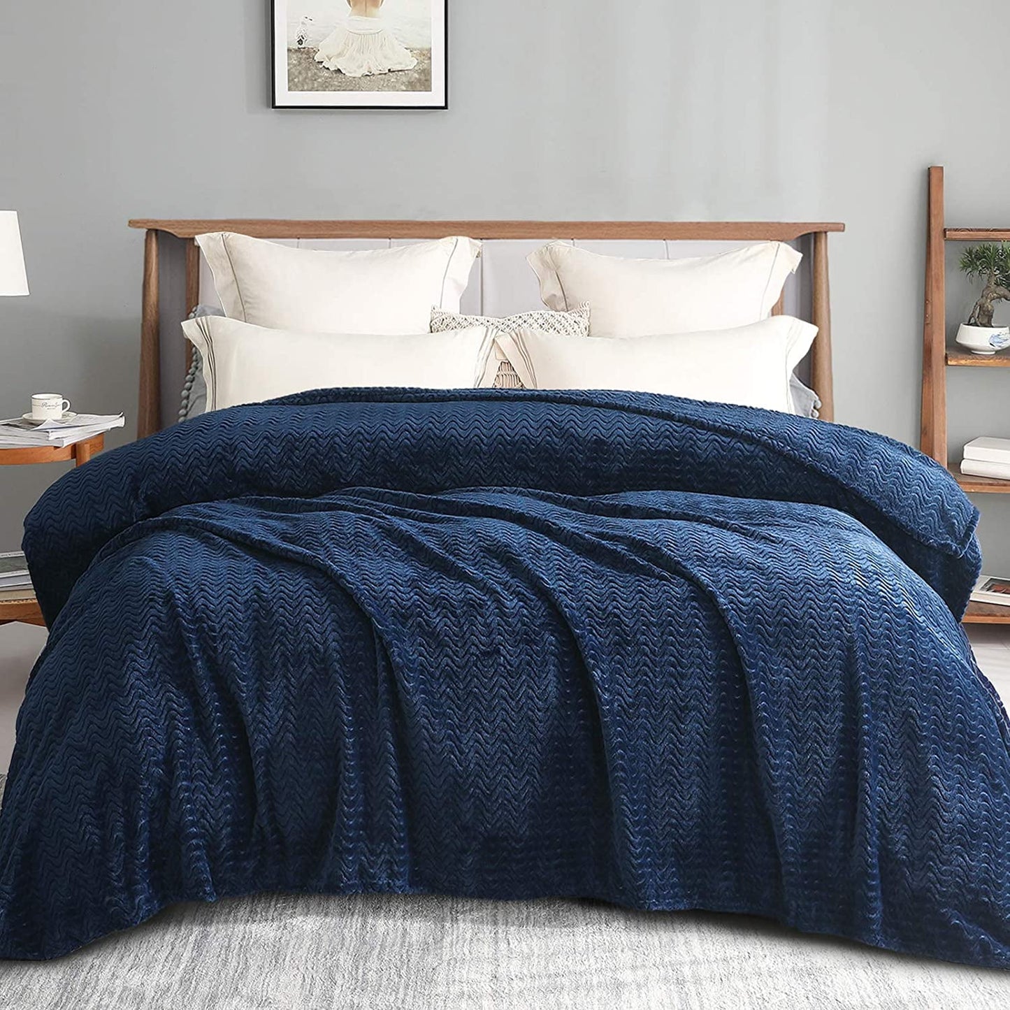 Exclusivo Mezcla King Size Jacquard Weave Wave Pattern Flannel Fleece Velvet Plush Bed Blanket as Bedspread/Coverlet/Bed Cover(90" x 104",Navy Blue) - Soft, Lightweight, Warm and Cozy