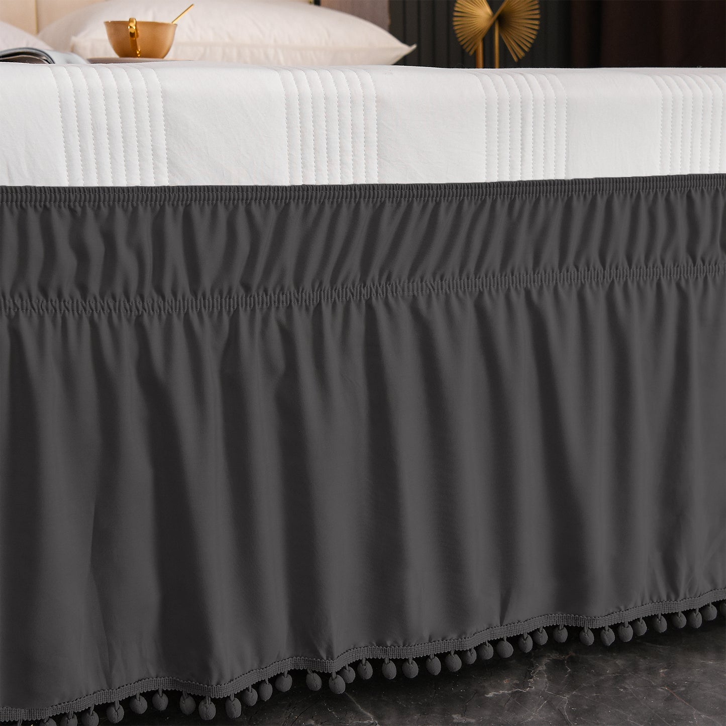 Exclusivo Mezcla Pom Pom Bed Skirt with Adjustable Elastic Belt, Easy Wrap Around Dust Ruffles with 16 Inch Tailored Drop, Wrinkle and Fade Resistant, (Full, Grey)