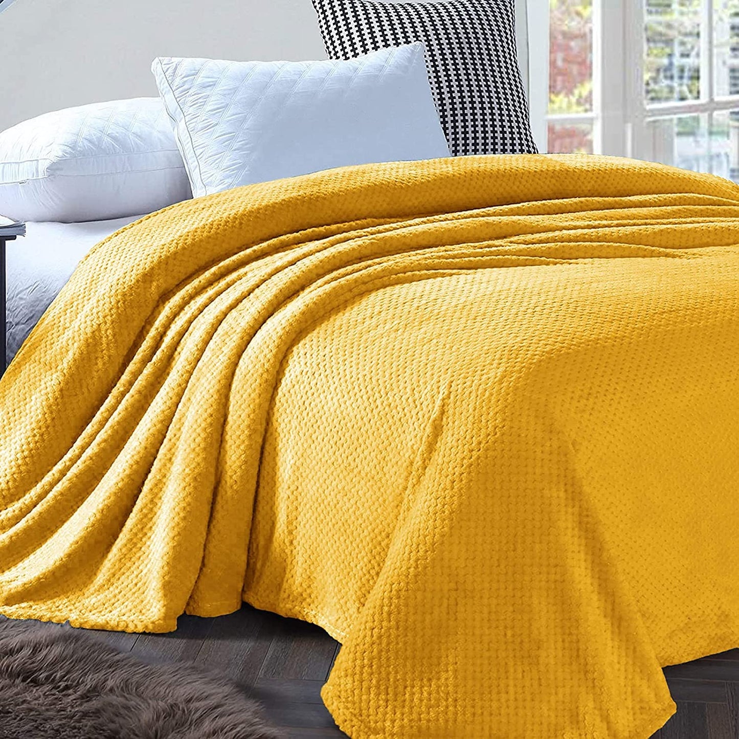 Exclusivo Mezcla Waffle Textured Soft Fleece Blanket, King Size Bed Blanket, Cozy Warm and Lightweight (Mustard Yellow, 90x104 inches)