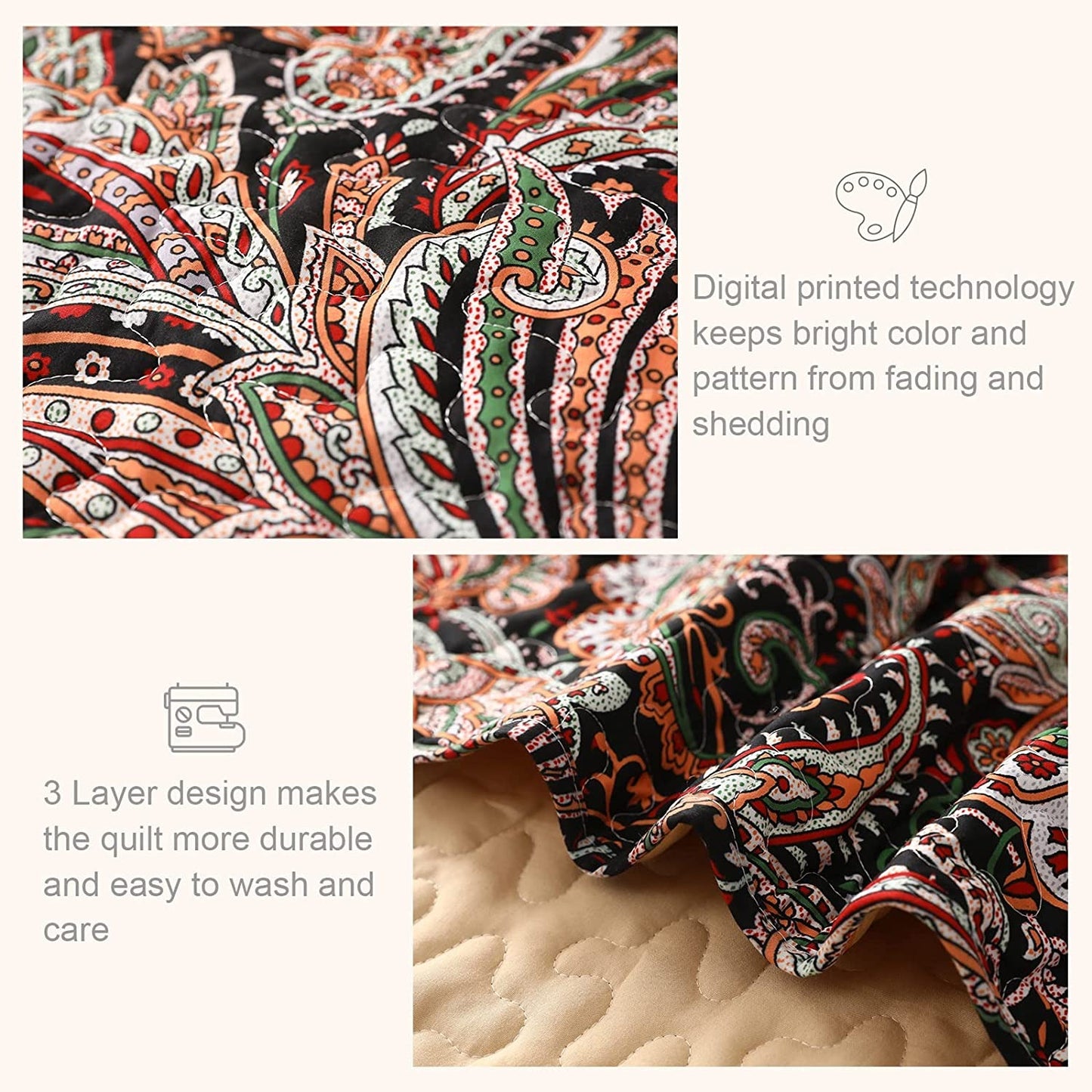 Exclusivo Mezcla Paisley Quilt Set Queen Size, 3-Piece Reversible Quilt Bedding Set with Decoractive Exotic Boho Pattern (2 Pillow Shams), Lightweight and Soft Bedspread Coverlets