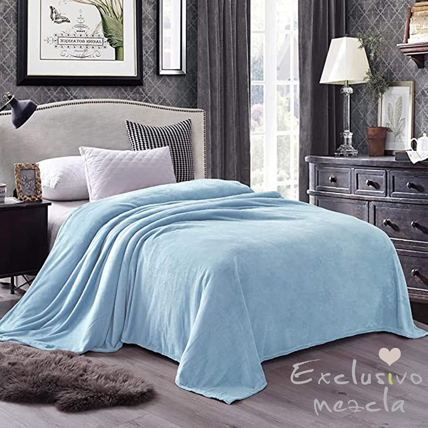 Exclusivo Mezcla Queen Size Flannel Fleece Velvet Plush Bed Blanket as Bedspread, Coverlet, Bed Cover (90x90 inches, Ice Blue) Soft, Lightweight, Warm and Cozy