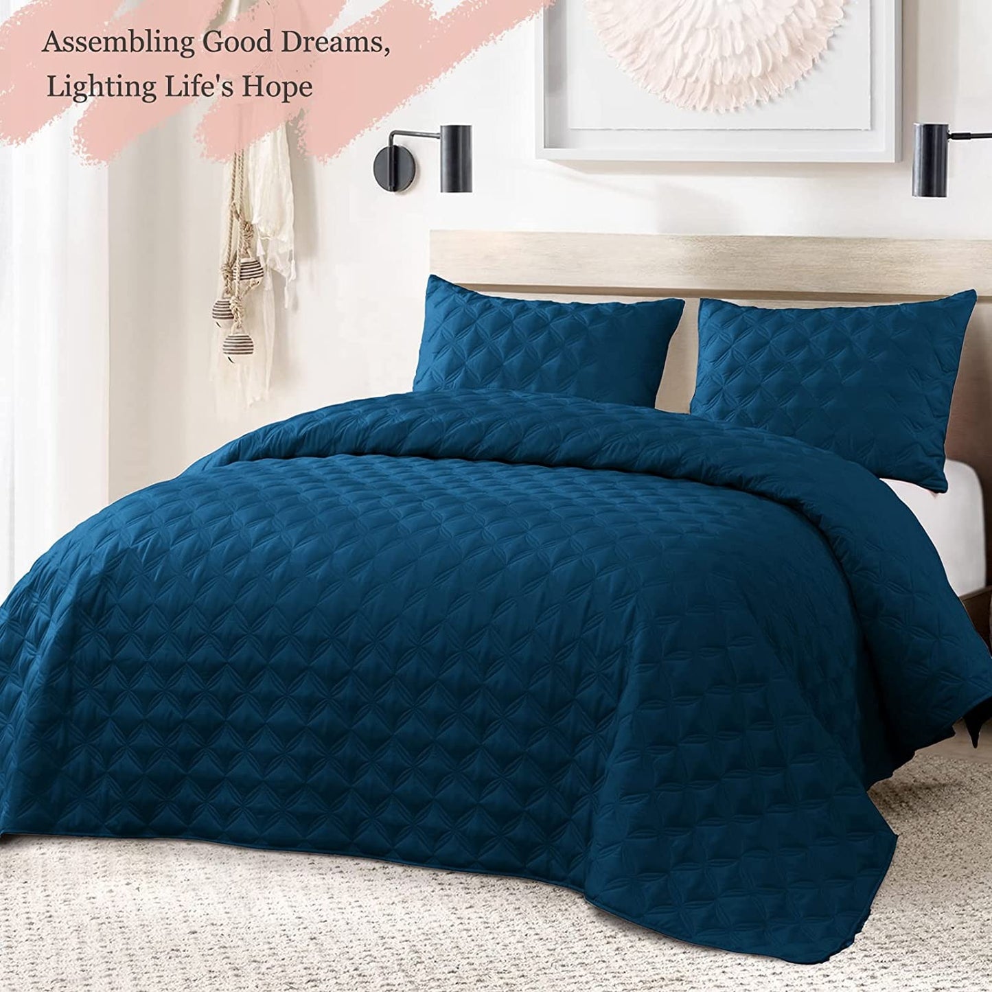 Exclusivo Mezcla Bed Quilt Set Twin Size for All Seasons, Stitched Pattern Quilted Bedspread/ Bedding Set/ Coverlet with 1 Pillow sham, Lightweight and Soft, Dark Blue