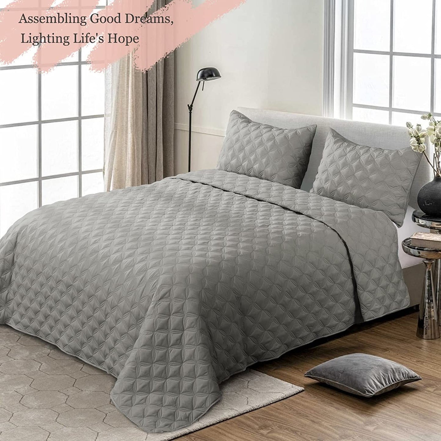 Exclusivo Mezcla Bed Quilt Set Queen Size for All Seasons, Stitched Pattern Quilted Bedspread/ Bedding Set/ Coverlet with 2 Pillow shams, Lightweight and Soft, Light Grey