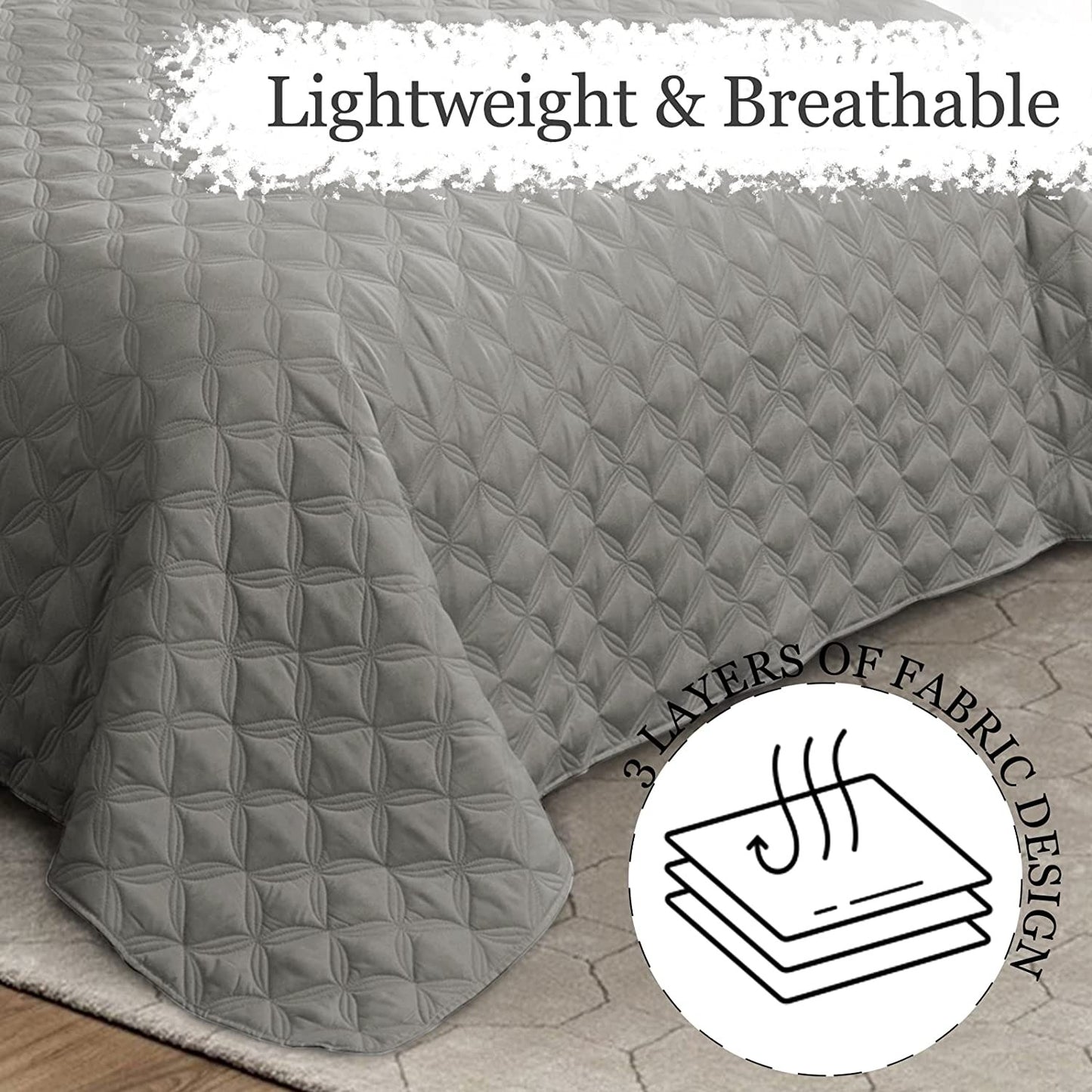 Exclusivo Mezcla Bed Quilt Set Queen Size for All Seasons, Stitched Pattern Quilted Bedspread/ Bedding Set/ Coverlet with 2 Pillow shams, Lightweight and Soft, Light Grey