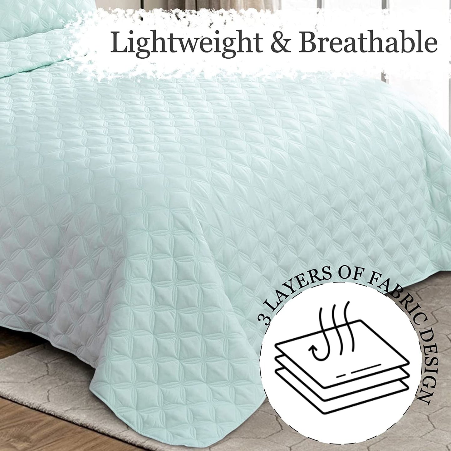 Exclusivo Mezcla Bed Quilt Set Queen Size for All Seasons, Stitched Pattern Quilted Bedspread/ Bedding Set/ Coverlet with 2 Pillow shams, Lightweight and Soft, Spa blue