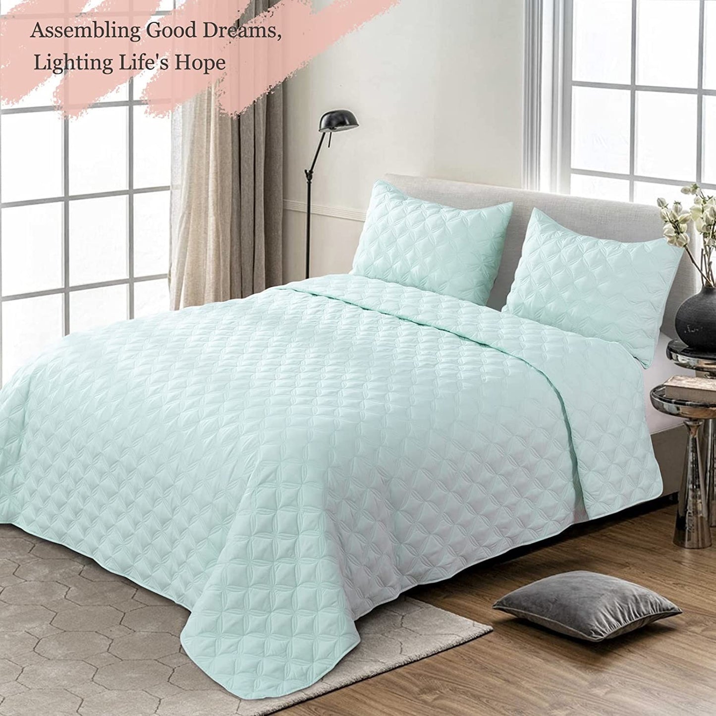 Exclusivo Mezcla Bed Quilt Set Queen Size for All Seasons, Stitched Pattern Quilted Bedspread/ Bedding Set/ Coverlet with 2 Pillow shams, Lightweight and Soft, Spa blue