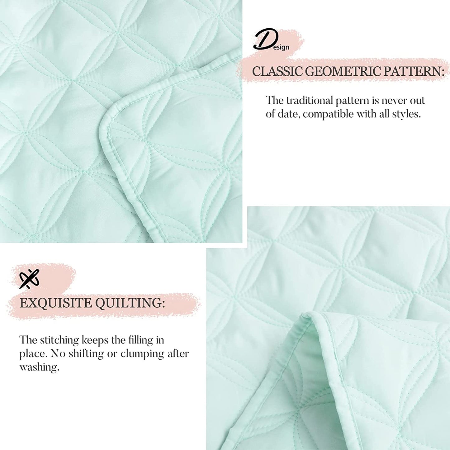 Exclusivo Mezcla Bed Quilt Set Queen Size for All Seasons, Stitched Pattern Quilted Bedspread/ Bedding Set/ Coverlet with 2 Pillow shams, Lightweight and Soft, Spa blue