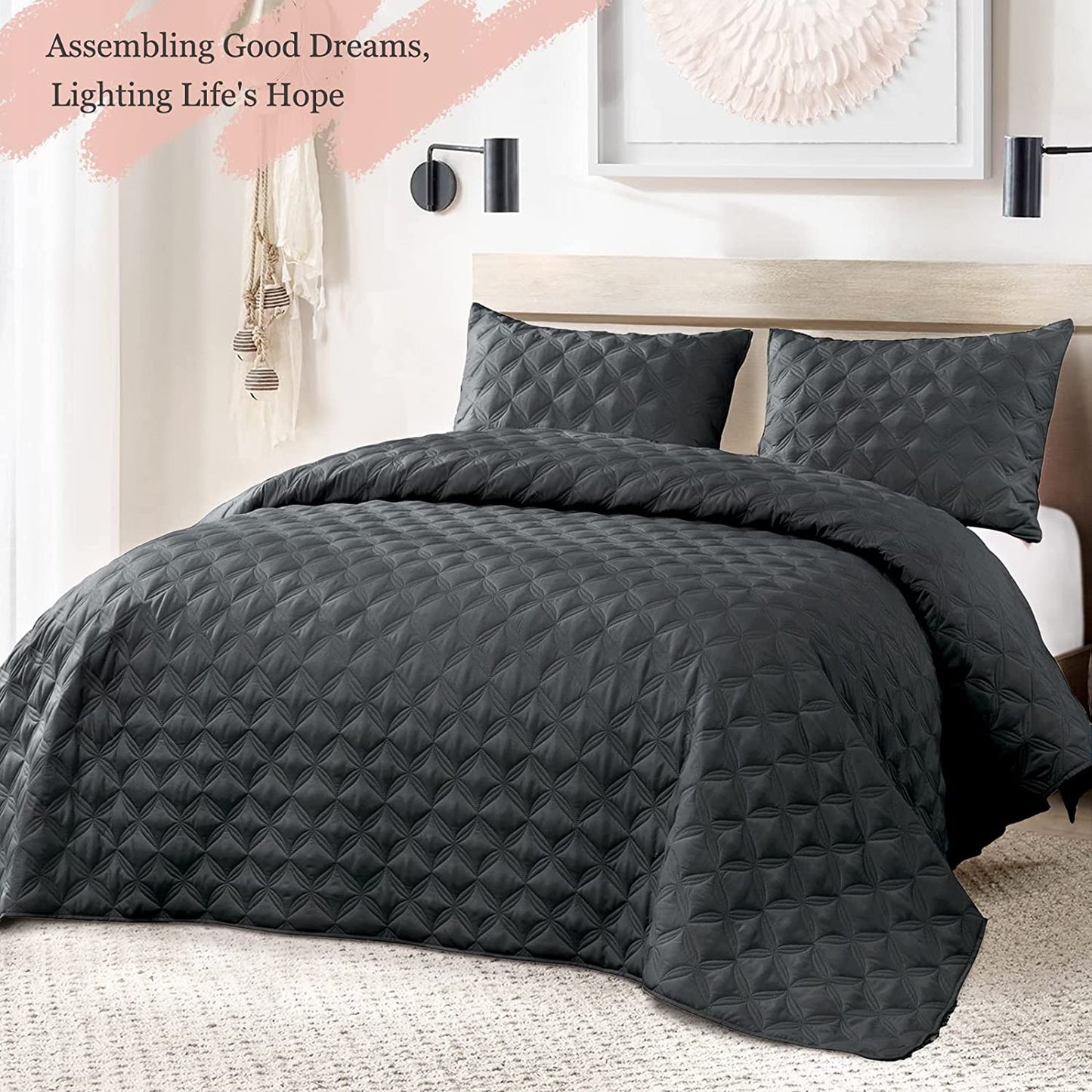 Exclusivo Mezcla Bed Quilt Set King Size for All Seasons, Stitched Pattern Quilted Bedspread/ Bedding Set/ Coverlet with 2 Pillow shams, Lightweight and Soft, Dark Grey