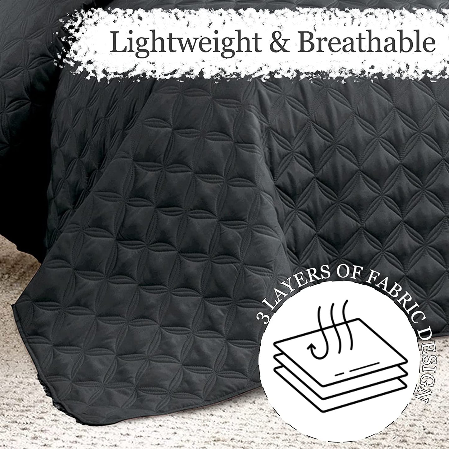 Exclusivo Mezcla Bed Quilt Set King Size for All Seasons, Stitched Pattern Quilted Bedspread/ Bedding Set/ Coverlet with 2 Pillow shams, Lightweight and Soft, Dark Grey