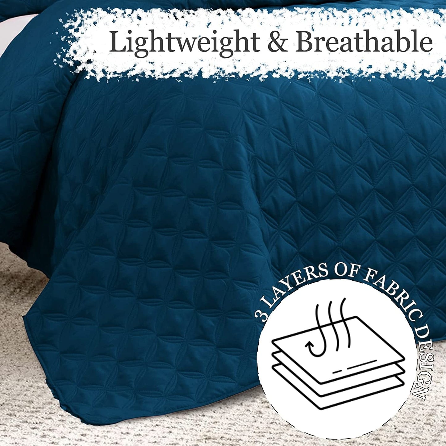 Exclusivo Mezcla Bed Quilt Set King Size for All Seasons, Stitched Pattern Quilted Bedspread/ Bedding Set/ Coverlet with 2 Pillow shams, Lightweight and Soft, Dark Blue