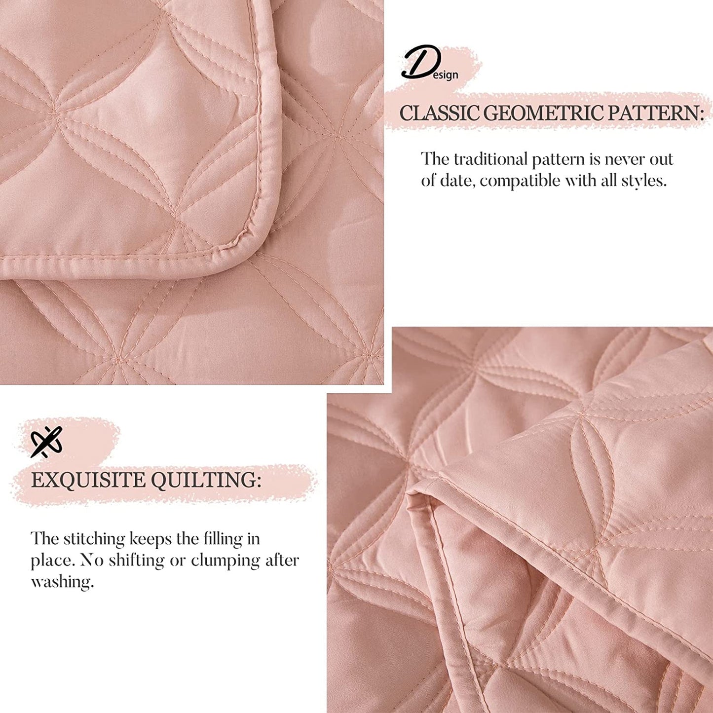Exclusivo Mezcla Bed Quilt Set King Size for All Season, Stitched Pattern Quilted Bedspread/ Bedding Set/ Coverlet with 2 Pillow shams, Lightweight and Soft, Blush Pink