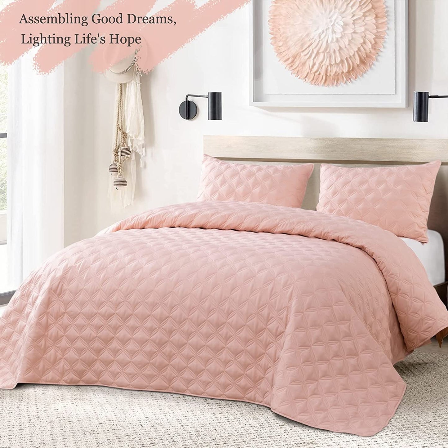 Exclusivo Mezcla Bed Quilt Set King Size for All Season, Stitched Pattern Quilted Bedspread/ Bedding Set/ Coverlet with 2 Pillow shams, Lightweight and Soft, Blush Pink