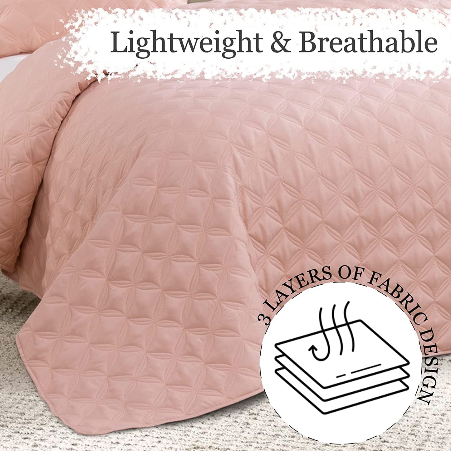Exclusivo Mezcla Bed Quilt Set King Size for All Season, Stitched Pattern Quilted Bedspread/ Bedding Set/ Coverlet with 2 Pillow shams, Lightweight and Soft, Blush Pink