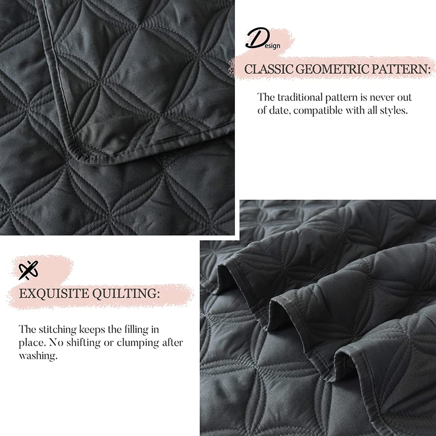 Exclusivo Mezcla Bed Quilt Set King Size for All Seasons, Stitched Pattern Quilted Bedspread/ Bedding Set/ Coverlet with 2 Pillow shams, Lightweight and Soft, Dark Grey