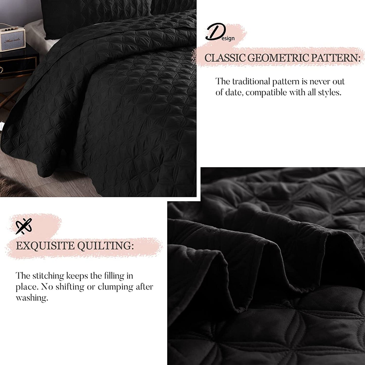 Exclusivo Mezcla Bed Quilt Set Queen Size for All Seasons, Stitched Pattern Quilted Bedspread/ Bedding Set/ Coverlet with 2 Pillow shams, Lightweight and Soft, Black