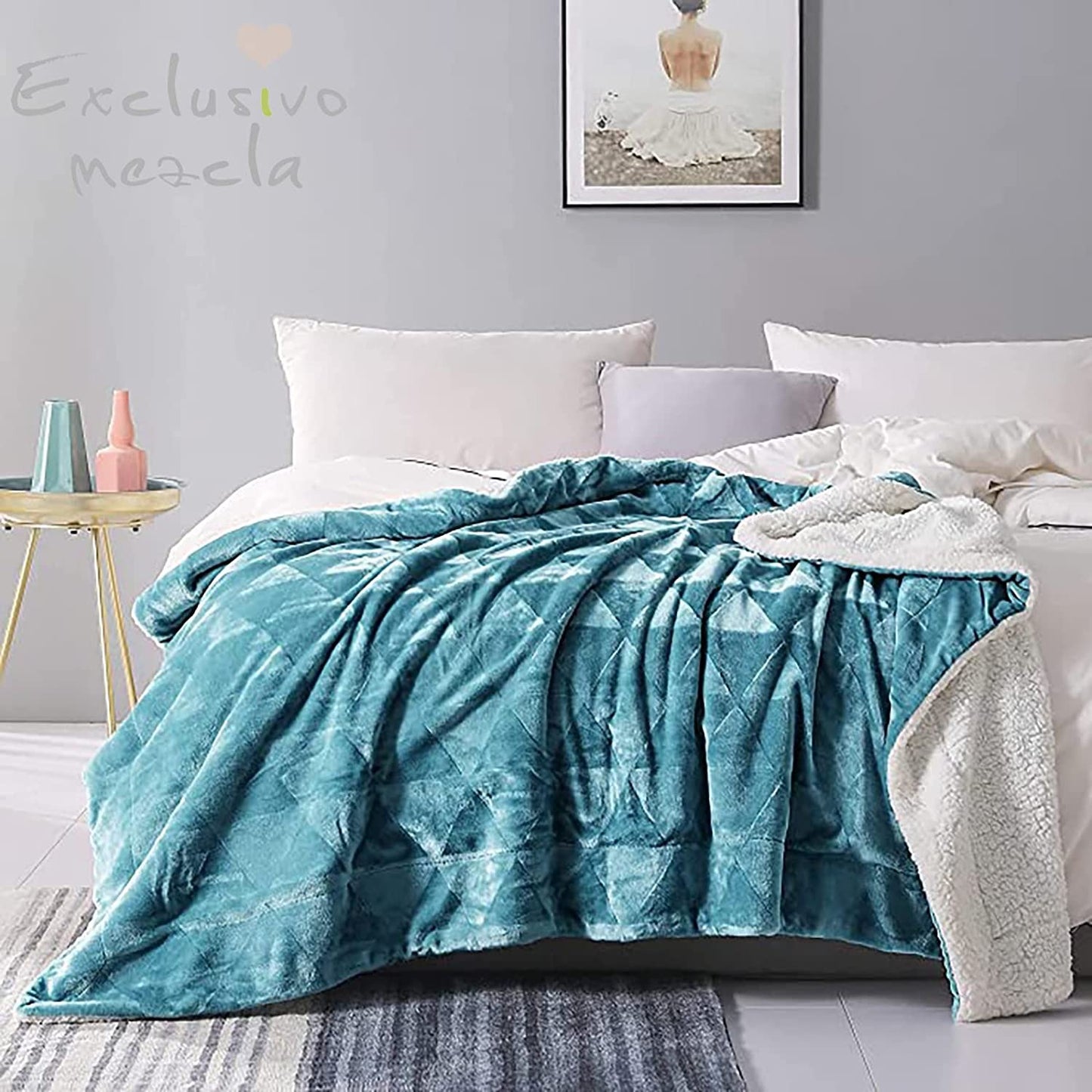 Exclusivo Mezcla 50" x 70" Large Throw Blanket, Reversible Brushed Flannel Fleece& Plush Sherpa Blanket(Slate Blue)- Decorative, Lightweight, Soft and Warm