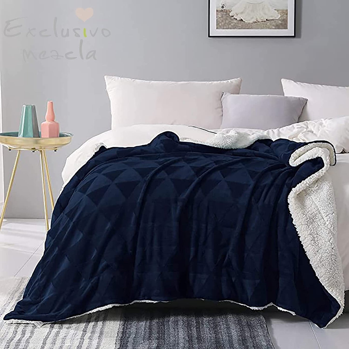Exclusivo Mezcla 50" x 70" Large Throw Blanket, Reversible Brushed Flannel Fleece& Plush Sherpa Blanket(Navy Blue)- Decorative, Lightweight, Soft and Warm