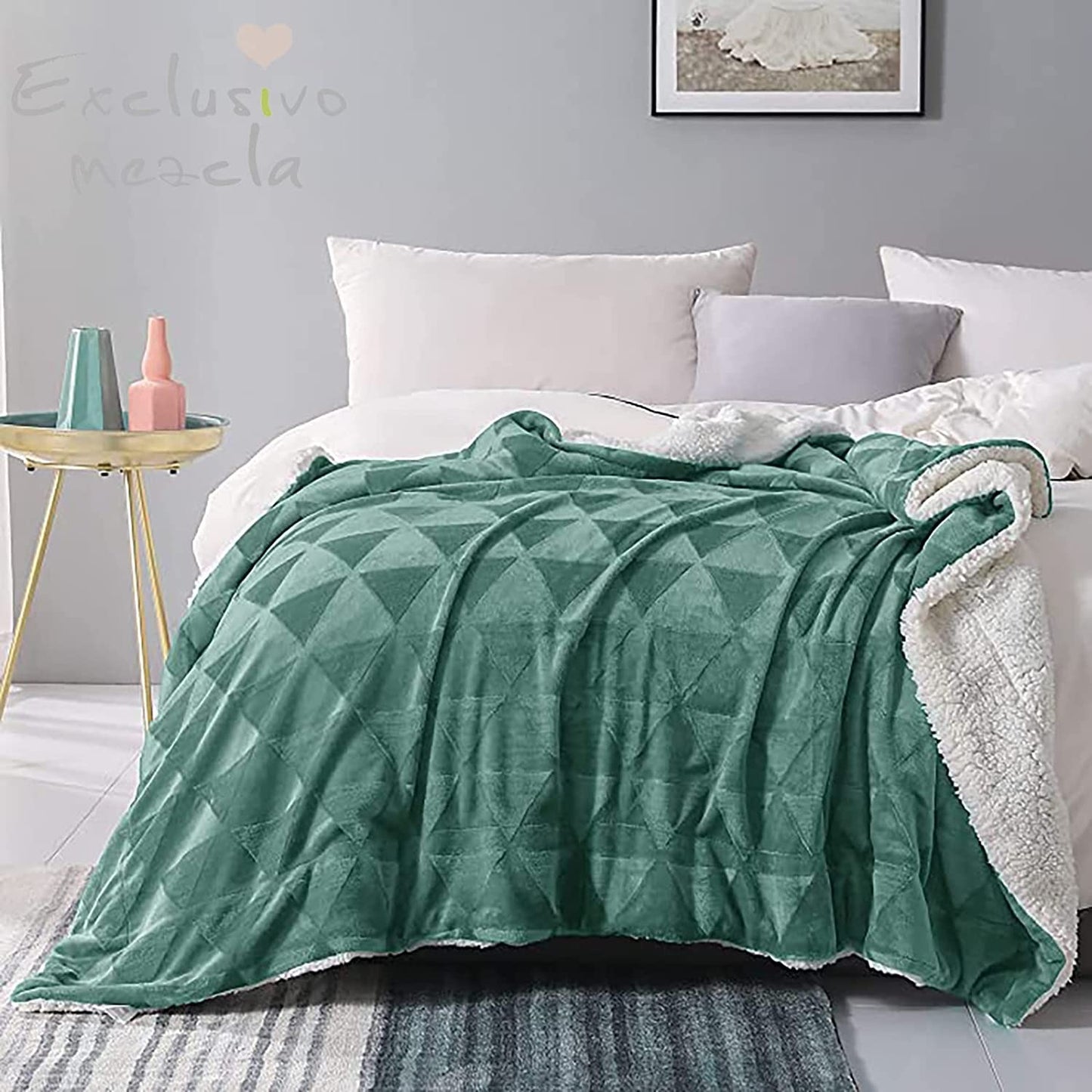 Exclusivo Mezcla 50" x 70" Large Throw Blanket, Reversible Brushed Flannel Fleece& Plush Sherpa Blanket(Celadon)- Decorative, Lightweight, Soft and Warm