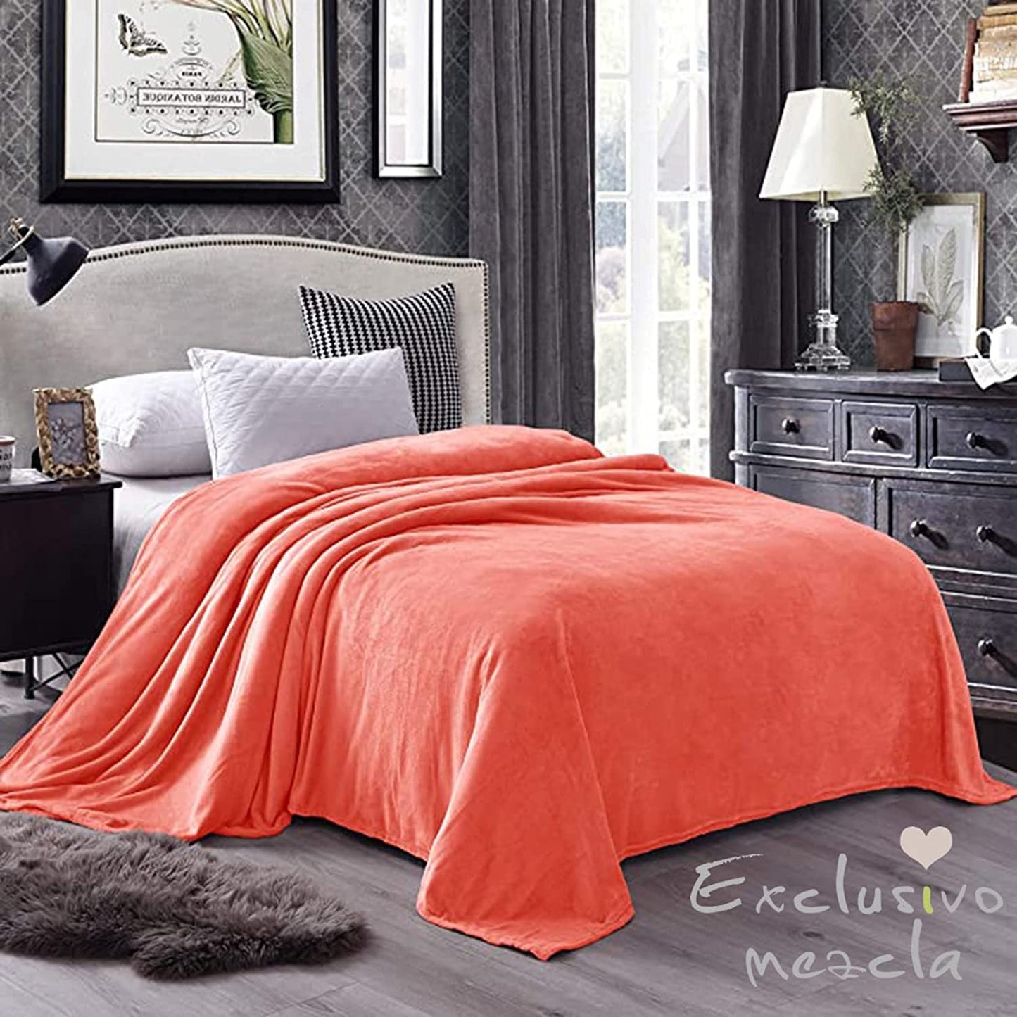 Exclusivo Mezcla Twin Size Flannel Fleece Velvet Plush Bed Blanket as Bedspread, Coverlet, Bed Cover (90x66 inches, Coral Orange) Soft, Lightweight, Warm and Cozy