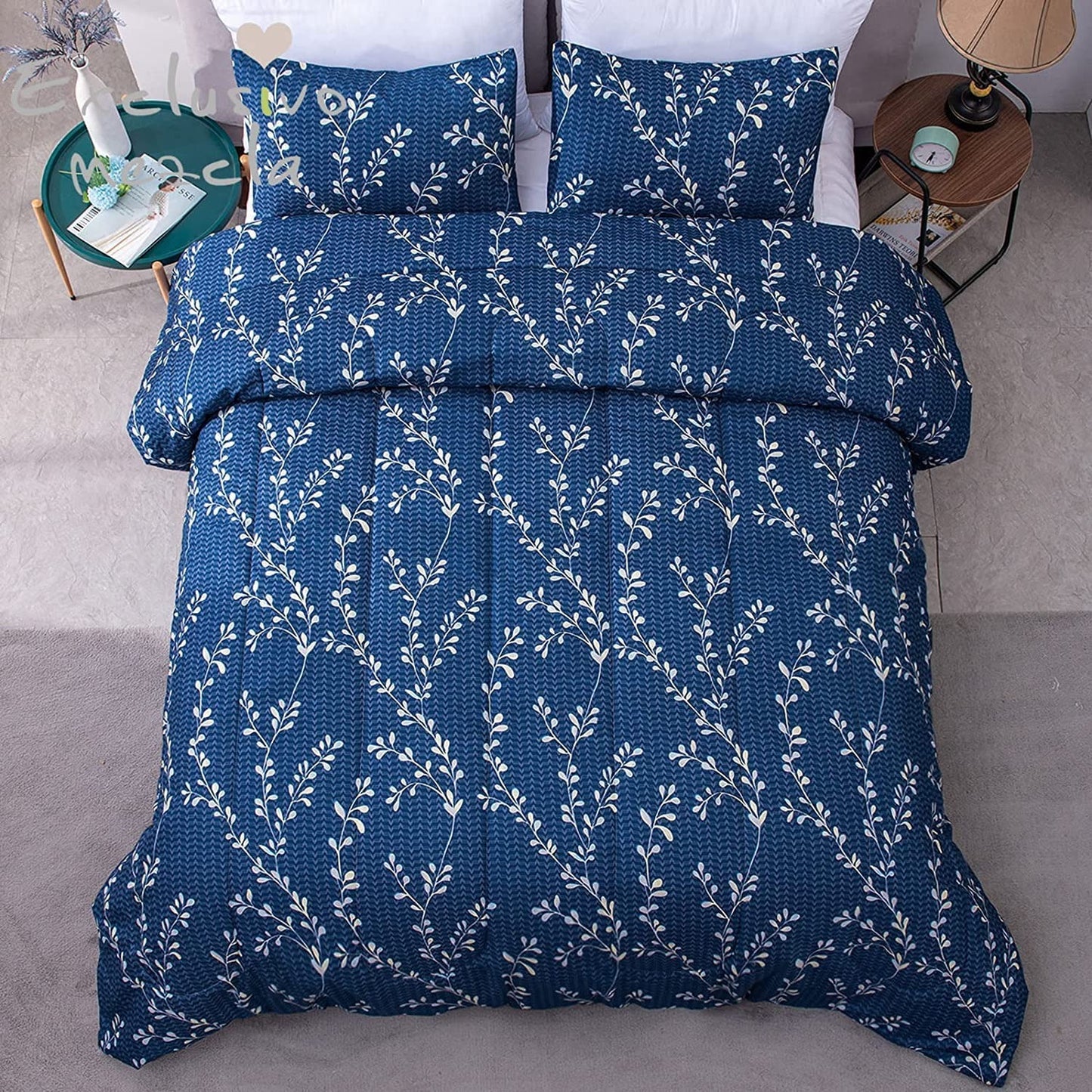 Exclusivo Mezcla 3-Piece Floral Queen Comforter Set, Microfiber Bedding Down Alternative Comforter for All Seasons with 2 Pillow Shams, Navy