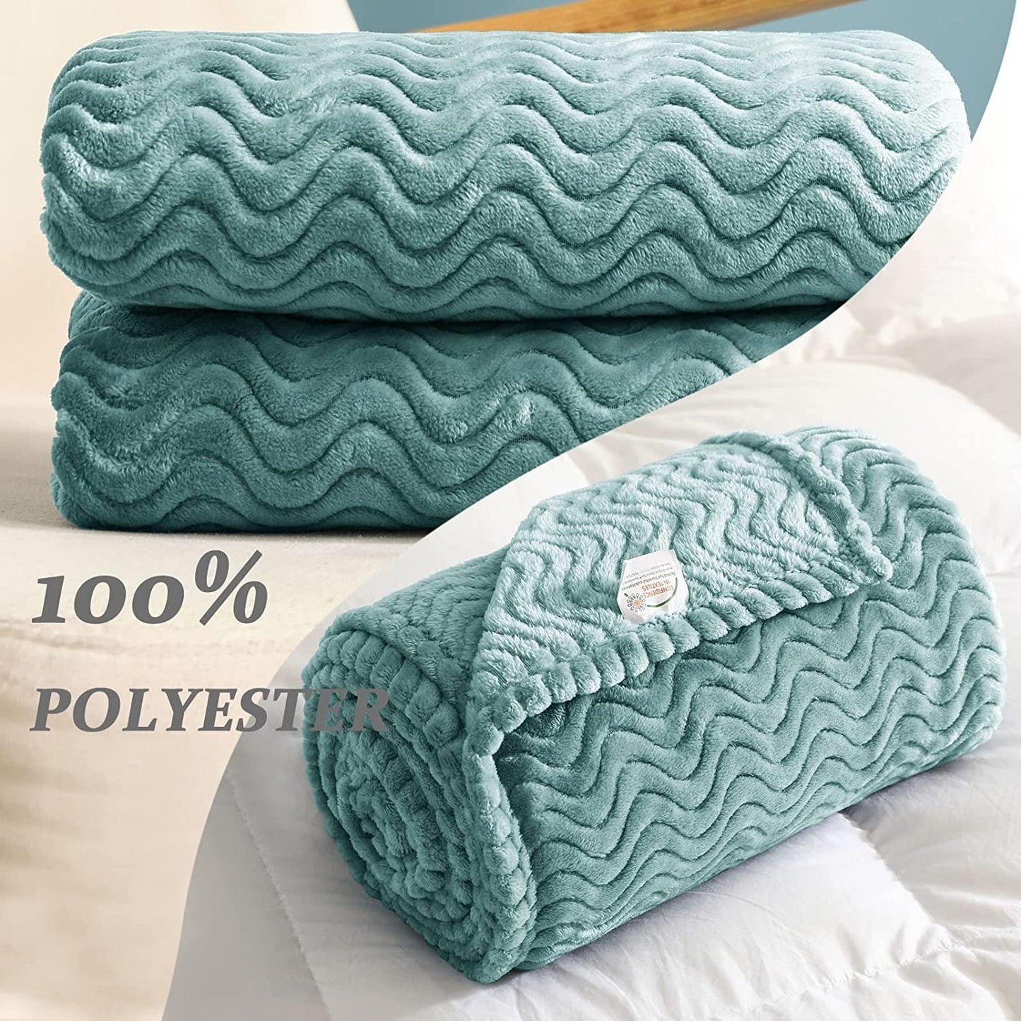 Exclusivo Mezcla Large Flannel Fleece Throw Blanket, Jacquard Weave Wave Pattern (50" x 70", Celadon) - Soft, Warm, Lightweight and Decorative