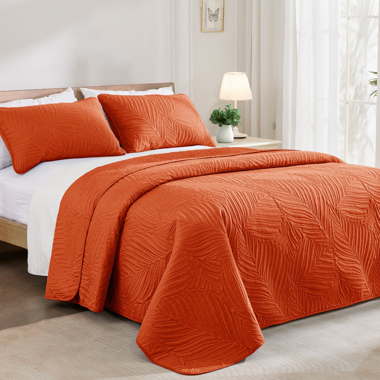 Exclusivo Mezcla Ultrasonic Full Queen Quilt Set Burnt Orange, 3 Pieces Lightweight Bedspread Leaf Pattern Bed Cover Soft Coverlet Bedding Set