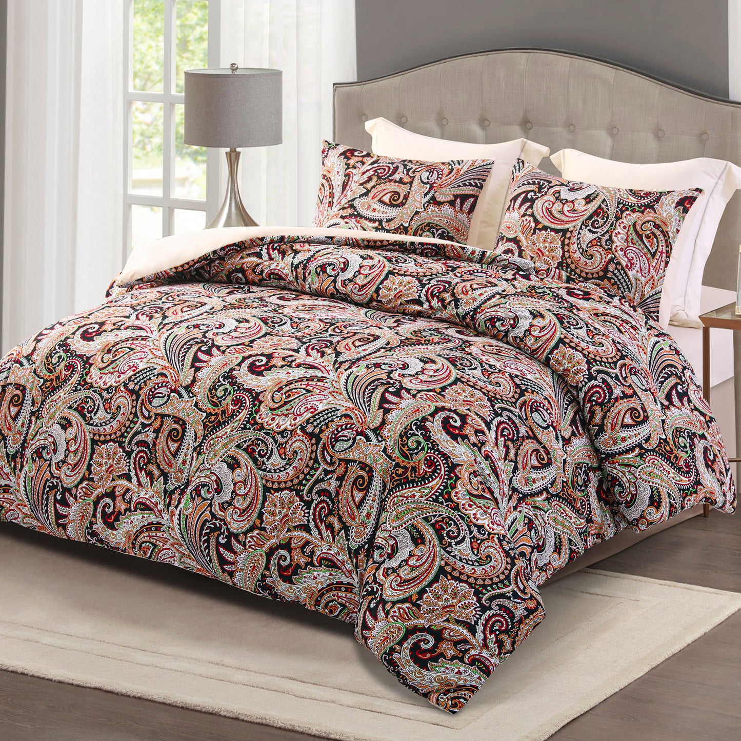 Exclusivo Mezcla 3-Piece Paisley Queen Comforter Set, Microfiber Bedding Down Alternative Comforter for All Seasons with 2 Pillow Shams, Black and Camel