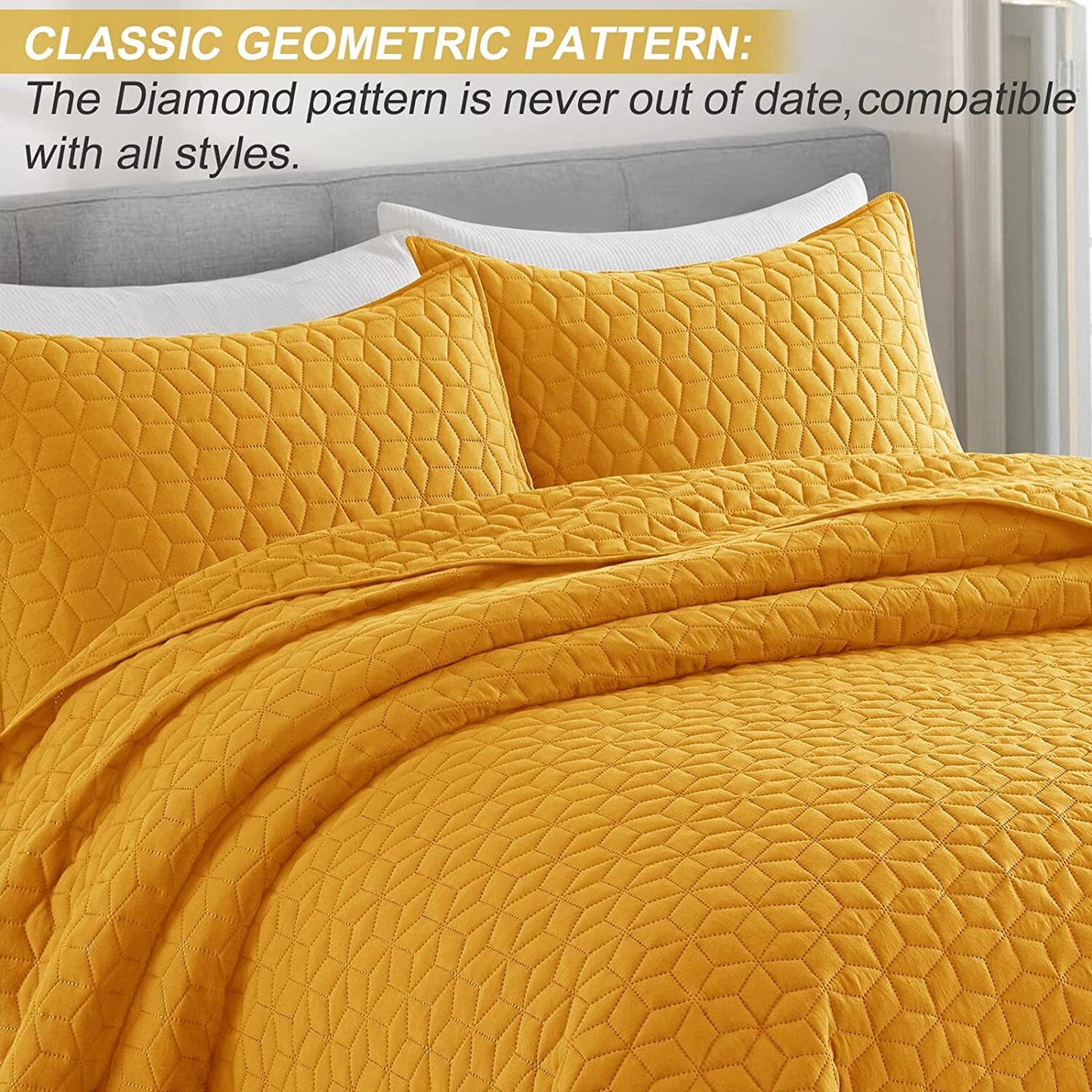 Exclusivo Mezcla 3-Piece Yellow King Size Quilt Set, Diamond Pattern Ultrasonic Lightweight and Soft Quilts/Bedspreads/Coverlets/Bedding Set (1 Quilt, 2 Pillow Shams) for All Seasons