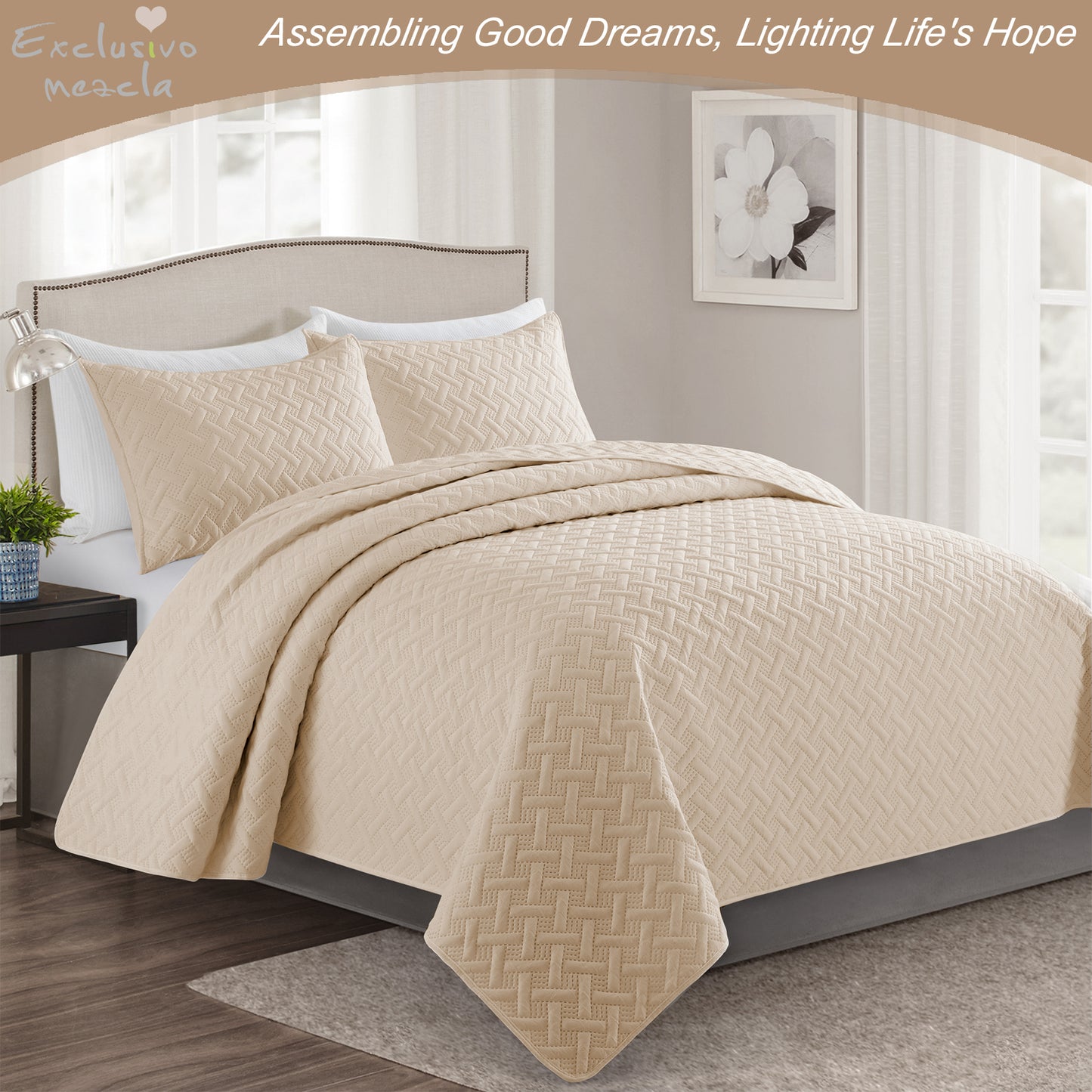 Exclusivo Mezcla 3-Piece Bone Queen Size Quilt Set, Weave Pattern Ultrasonic Lightweight and Soft Quilts/Bedspreads/Coverlets/Bedding Set (1 Quilt, 2 Pillow Shams) for All Seasons