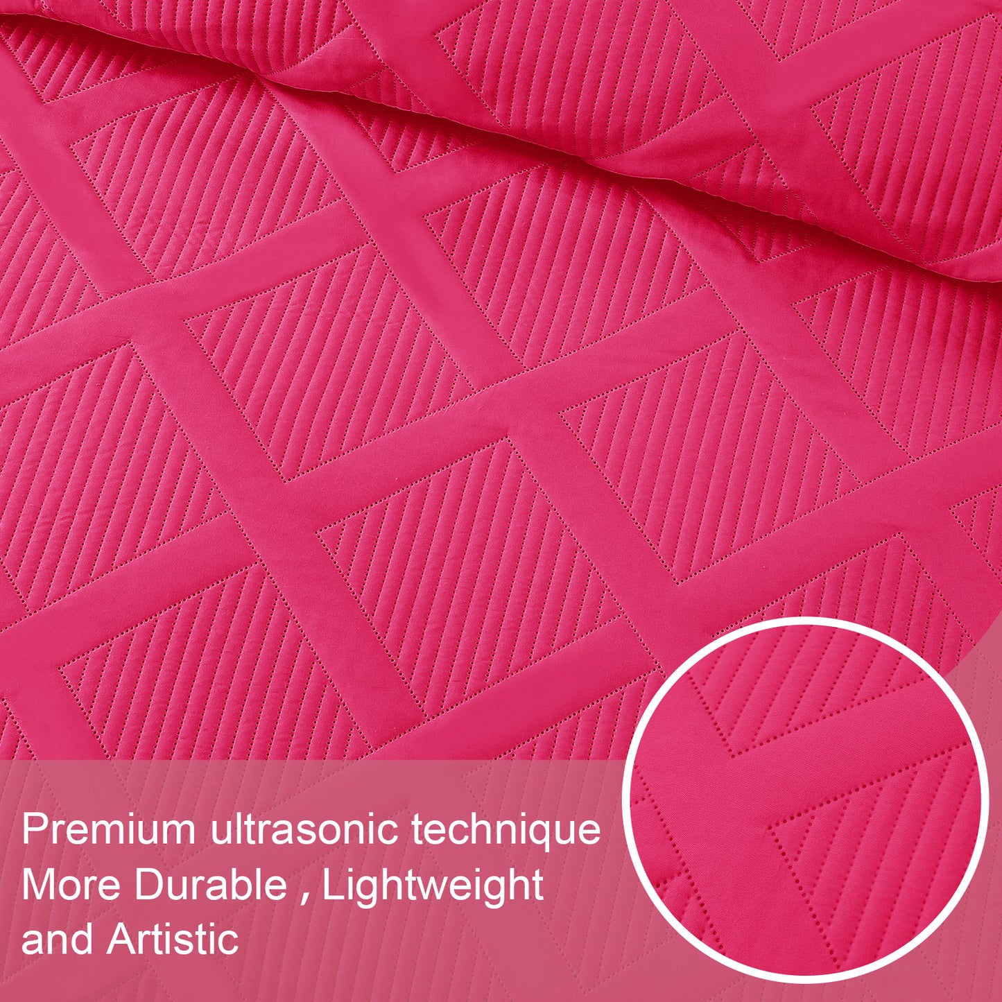 Exclusivo Mezcla Ultrasonic King Quilt Set, Lightweight Bedspreads Modern Striped Coverlet with 2 Pillow Shams, Hot Pink