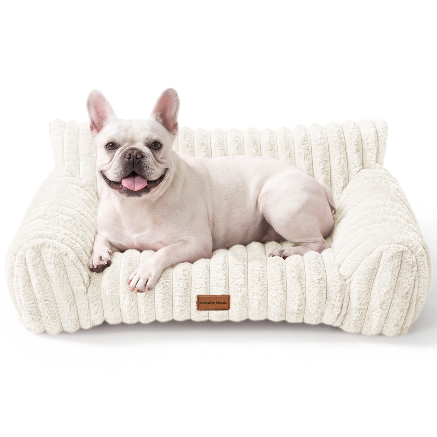 Exclusivo Mezcla Sofa Pet Bed with Raised Backrest for Medium Large Dogs, 36"x30" Cozy Plush Cord Couch Dog Bed, Removable Washable Cover, Ivory