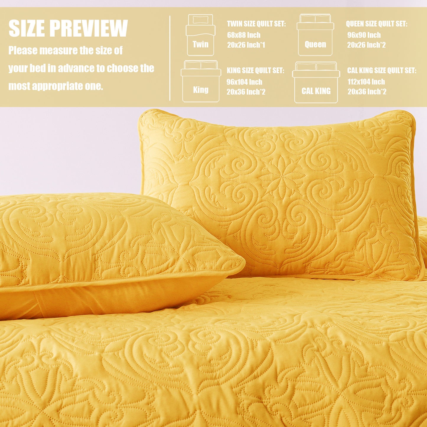 Exclusivo Mezcla King Quilt Bedding Set, Lightweight Vintage King Size Quilts with Pillow Shams, Soft Bedspreads Coverlets for All Seasons, (104"x96", Yellow)