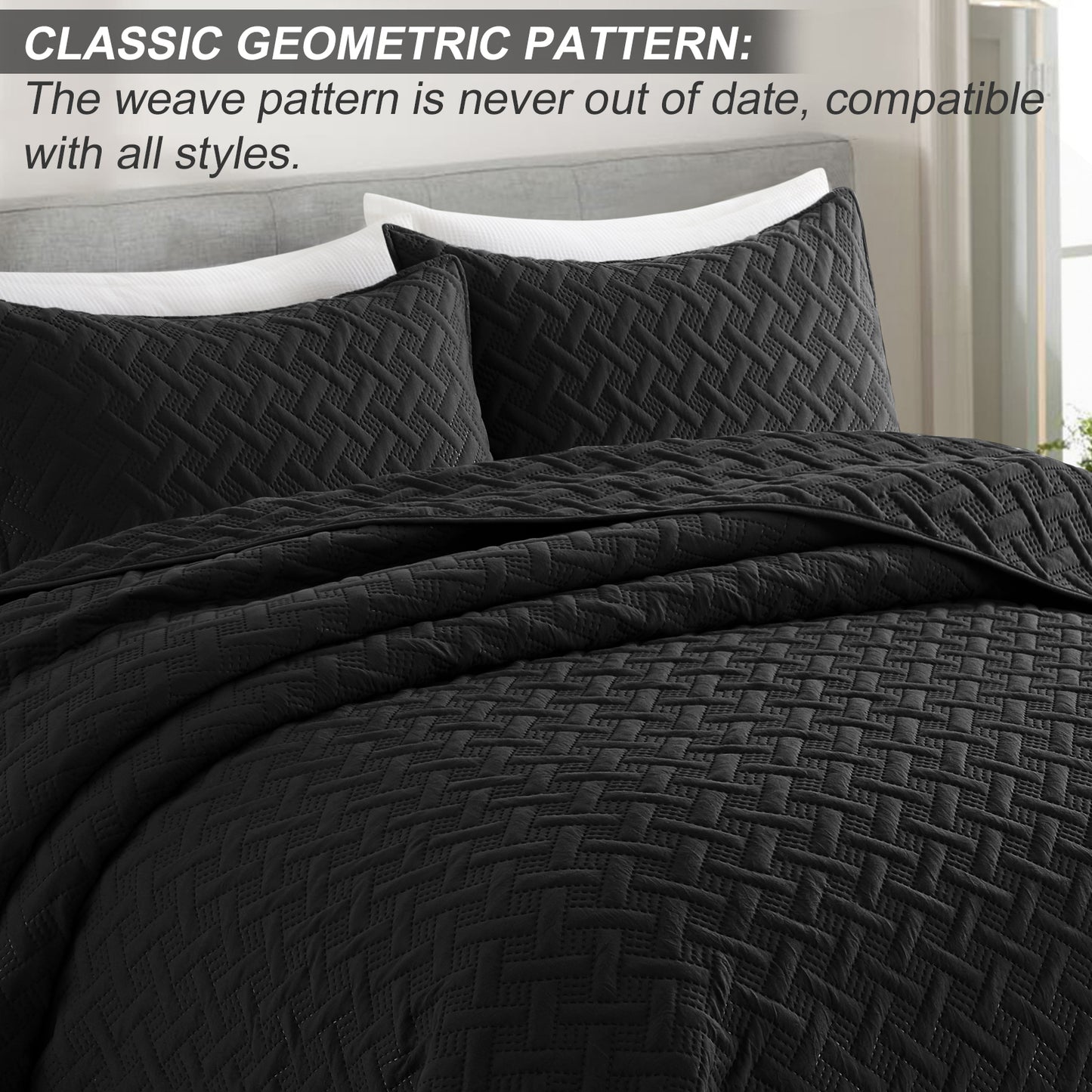 Exclusivo Mezcla 2-Piece Black Twin Size Quilt Set, Weave Pattern Ultrasonic Lightweight and Soft Quilts/Bedspreads/Coverlets/Bedding Set (1 Quilt, 1 Pillow Sham) for All Seasons