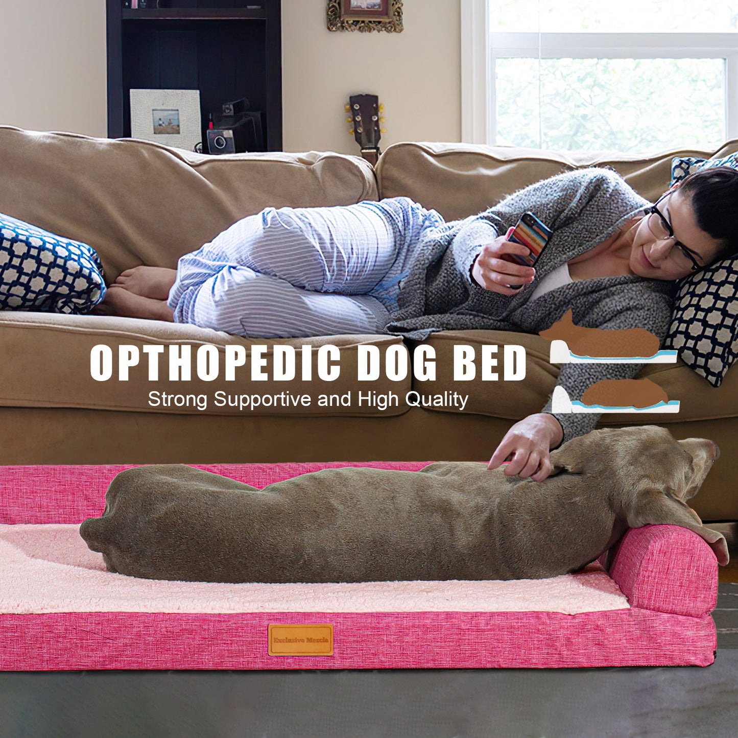 Exclusivo Mezcla Orthopedic XXL Dog Bed for Extra Large Dogs 48''X30'', L Shaped with Removable Washable Cover, Waterproof Supportive Foam Pet Couch Bed Mat, Pink