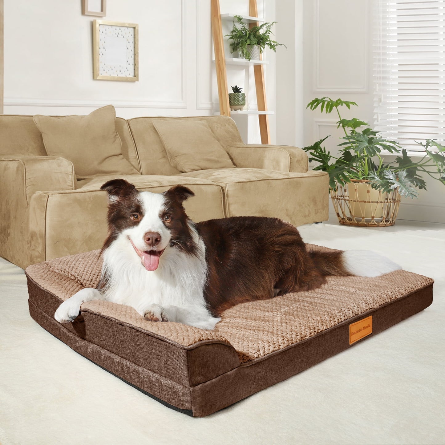 Exclusivo Mezcla Jacquard Orthopedic Pet Bed for Median Dogs, 30"X20" Waterproof L Shaped Dog Bed with Washable Cover, Brown